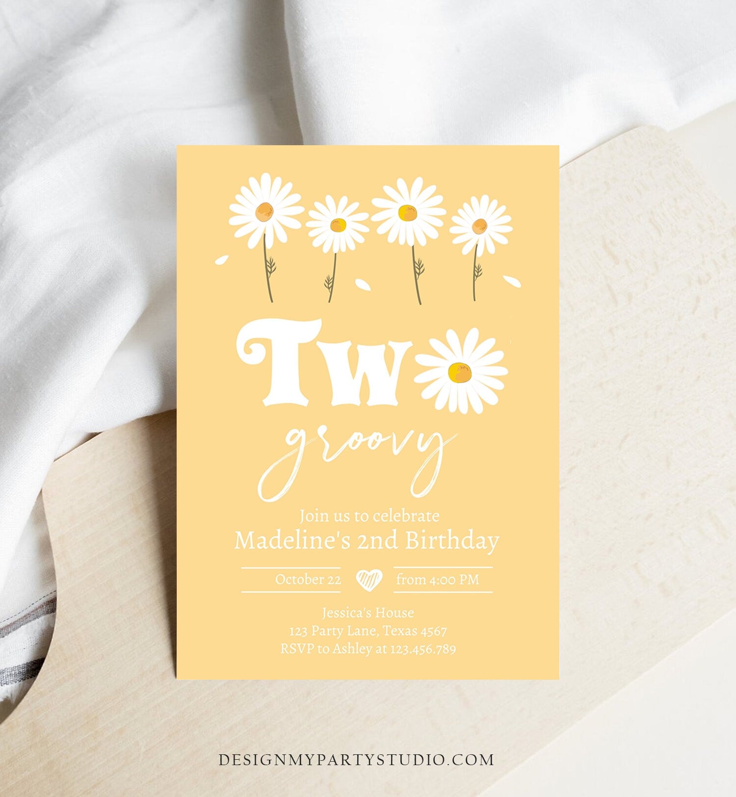 Editable Daisy Birthday Party Invitation 2nd Birthday Two Groovy Floral Bohemian Girl Boho Download Printable Template Corjl Digital 0410