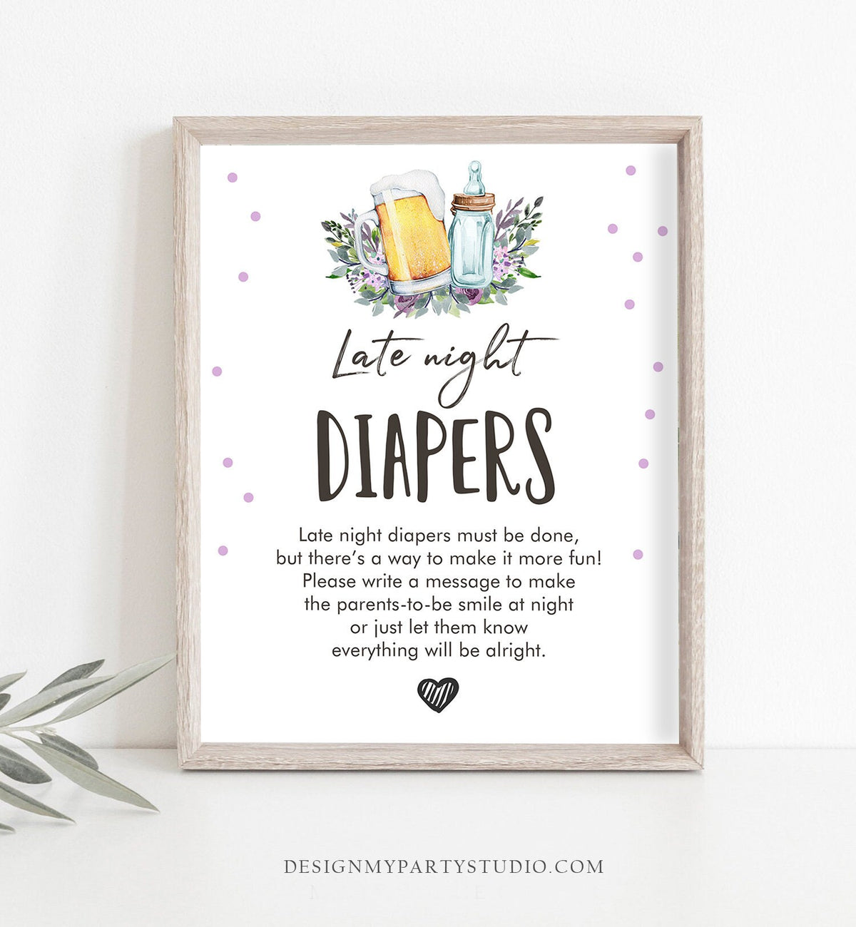 Late Night Diapers Sign Baby is Brewing Baby Shower Sign Bottles and Beers Greenery Baby Shower Purple Game Diaper Thoughts Printable 0190