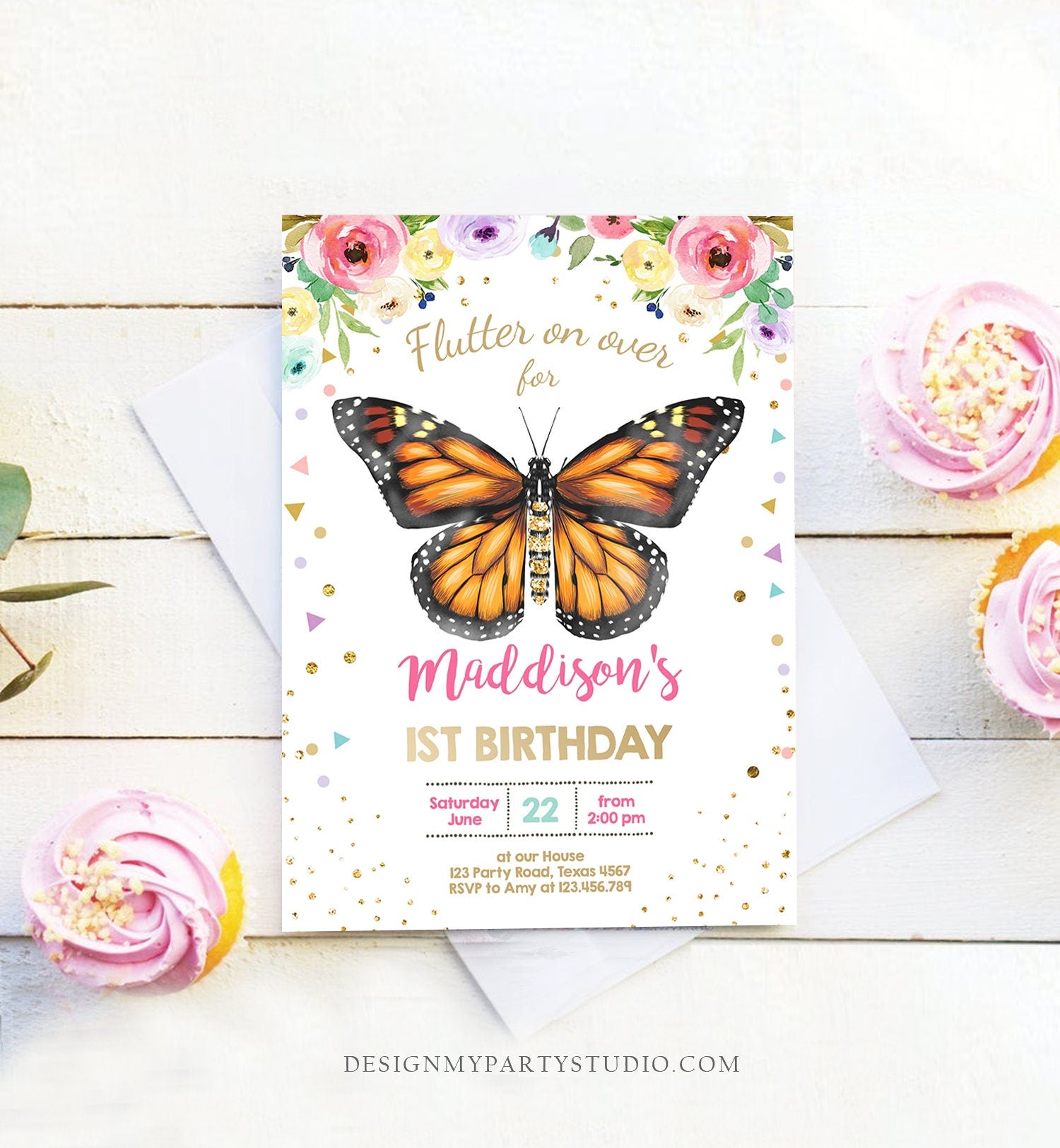 Editable Butterfly Birthday Invitation Monarch Butterfly Garden Party Floral Flowers Pink Gold Girl Download Printable Template Corjl 0162