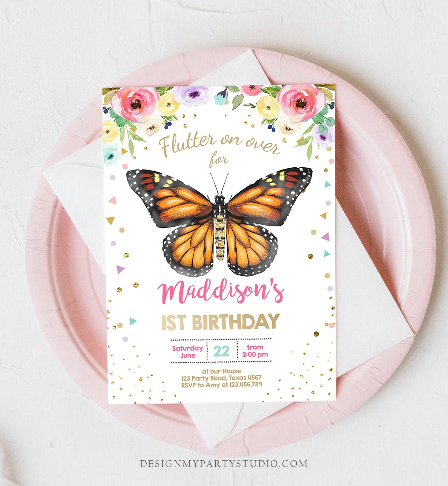 Editable Butterfly Birthday Invitation Monarch Butterfly Garden Party Floral Flowers Pink Gold Girl Download Printable Template Corjl 0162