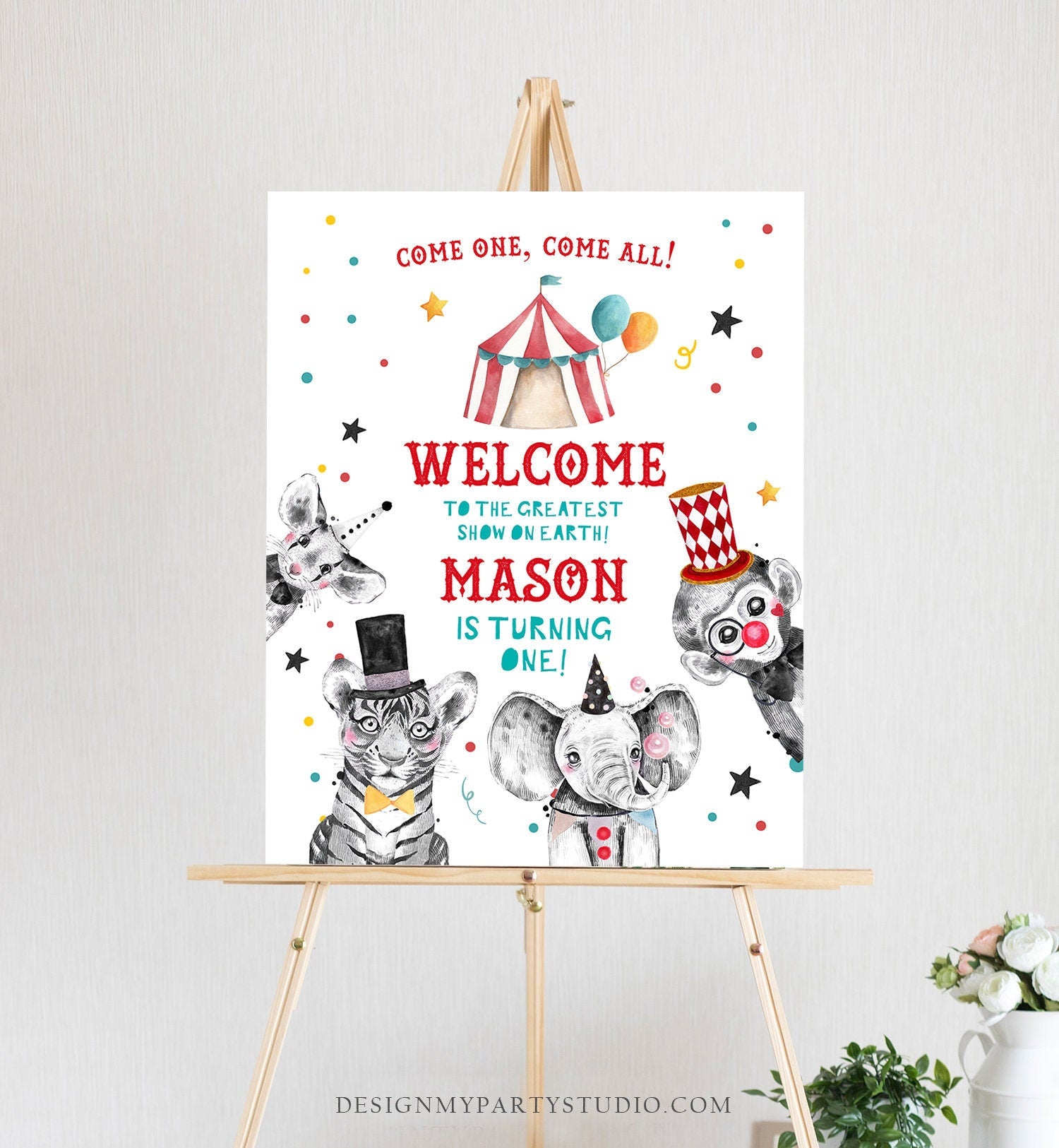 Editable Circus Welcome Sign Carousal Birthday Sign Carnival Welcome Boy Amusement Park Come One Come All Red Template PRINTABLE Corjl 0355