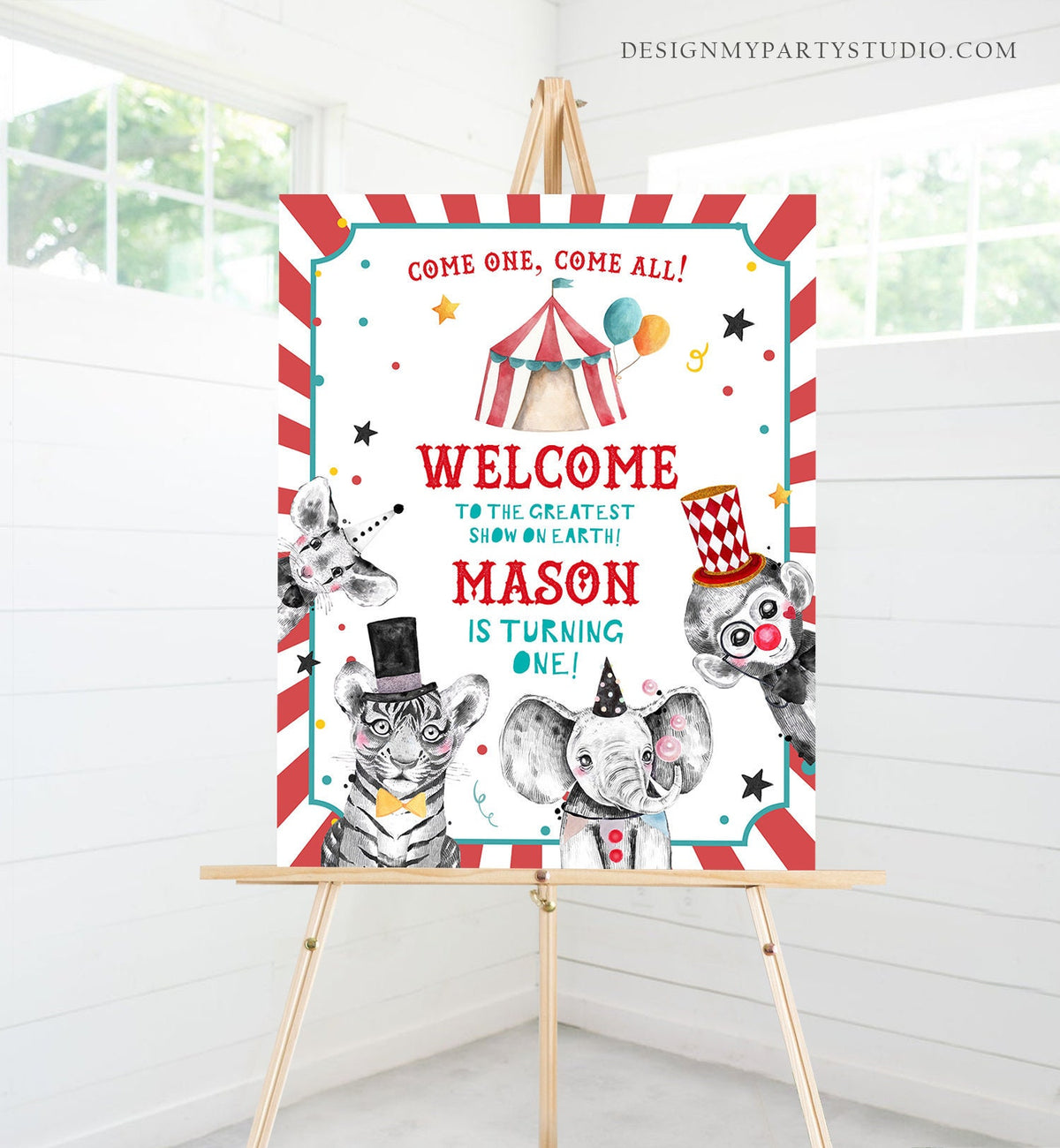 Editable Circus Welcome Sign Carousal Birthday Sign Carnival Welcome Boy Amusement Park Come One Come All Red Template PRINTABLE Corjl 0355