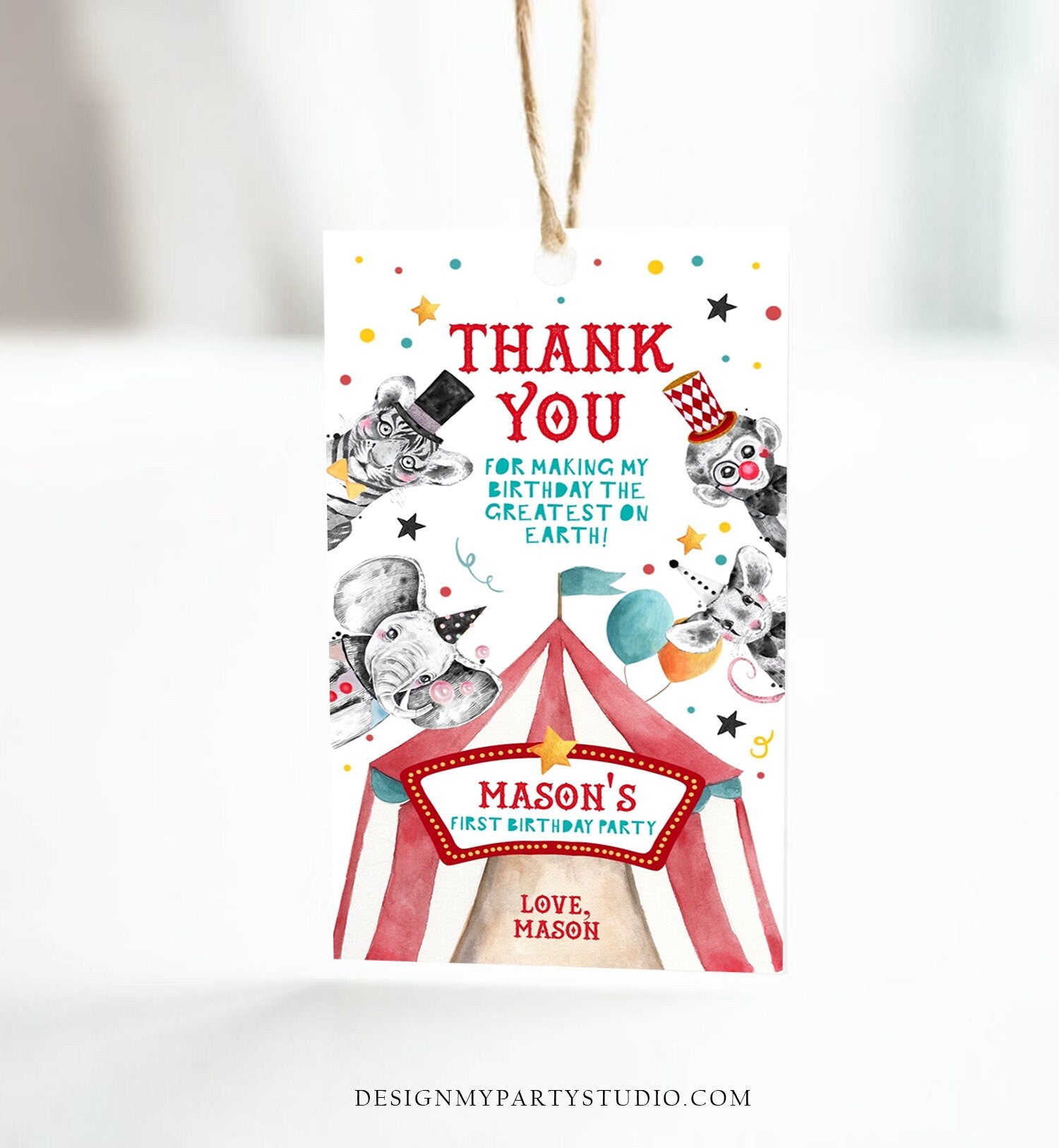 Editable Circus Thank You Tags Carnival Birthday Favor Tags Boy Vintage Circus Labels Big Top Party Download Printable Corjl Template 0355