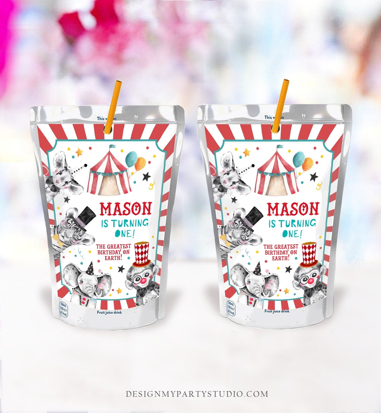 Editable Circus Capri Sun Labels Juice Pouch Labels Carnival Birthday Big Top Boy Birthday Decor Come Download Corjl Template Printable 0355