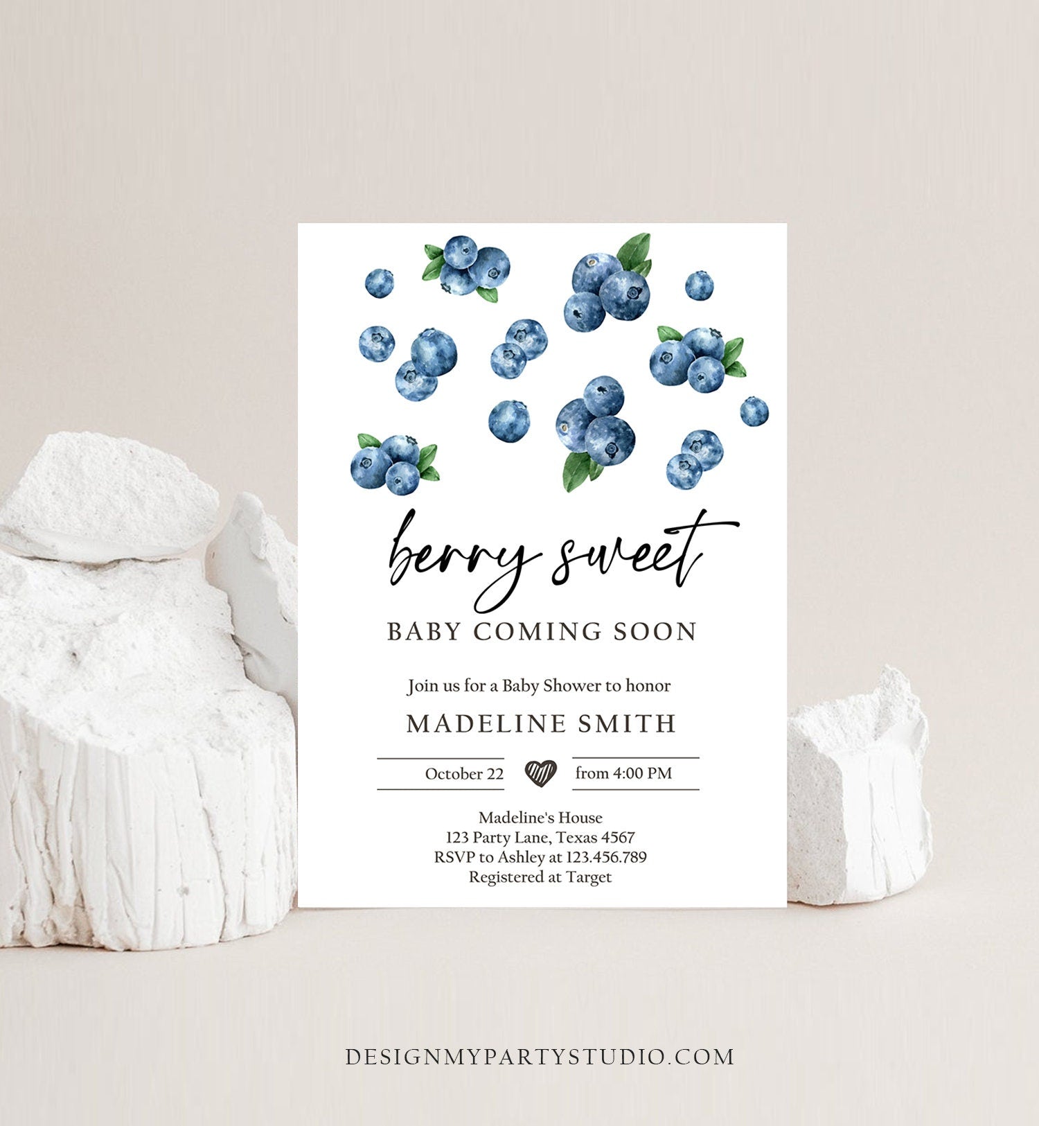 Editable Blueberry Baby Shower Invitation Cute Berry Sweet Baby Boy Blueberries Summer Fruit Download Printable Template Corjl Digital 0399