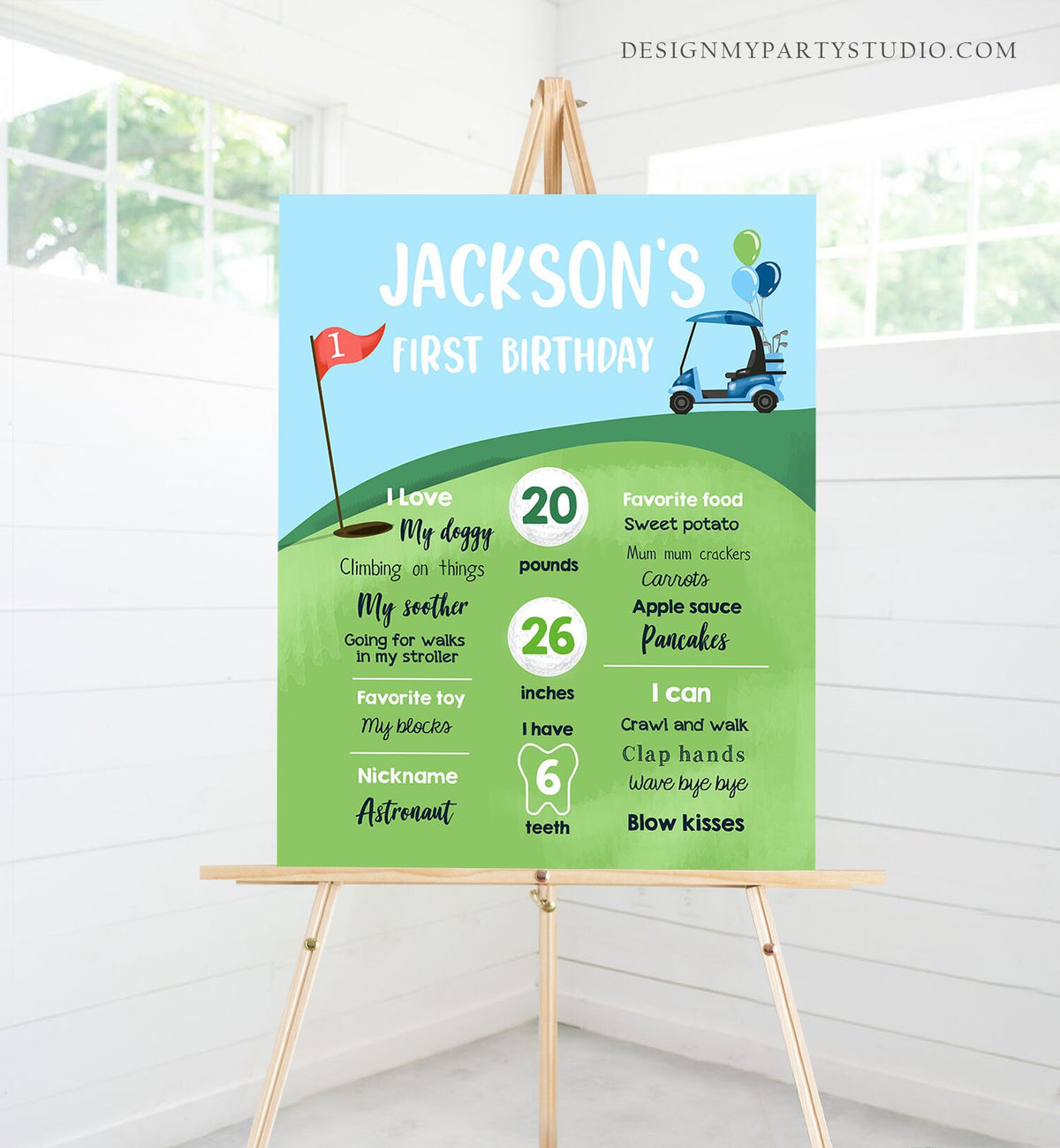 Editable Golf Birthday Milestones Sign Hole in One Golf First Birthday Boy 1st Golf Court Golf Party Decor Template Printable Corjl 0405