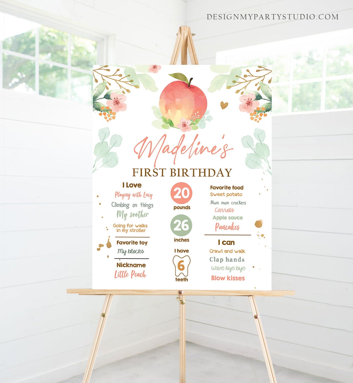 Editable Peach Birthday Milestones Sign Sweet as a Peach First Birthday Gold Floral Girl Poster Digital Download Template Printable 0401