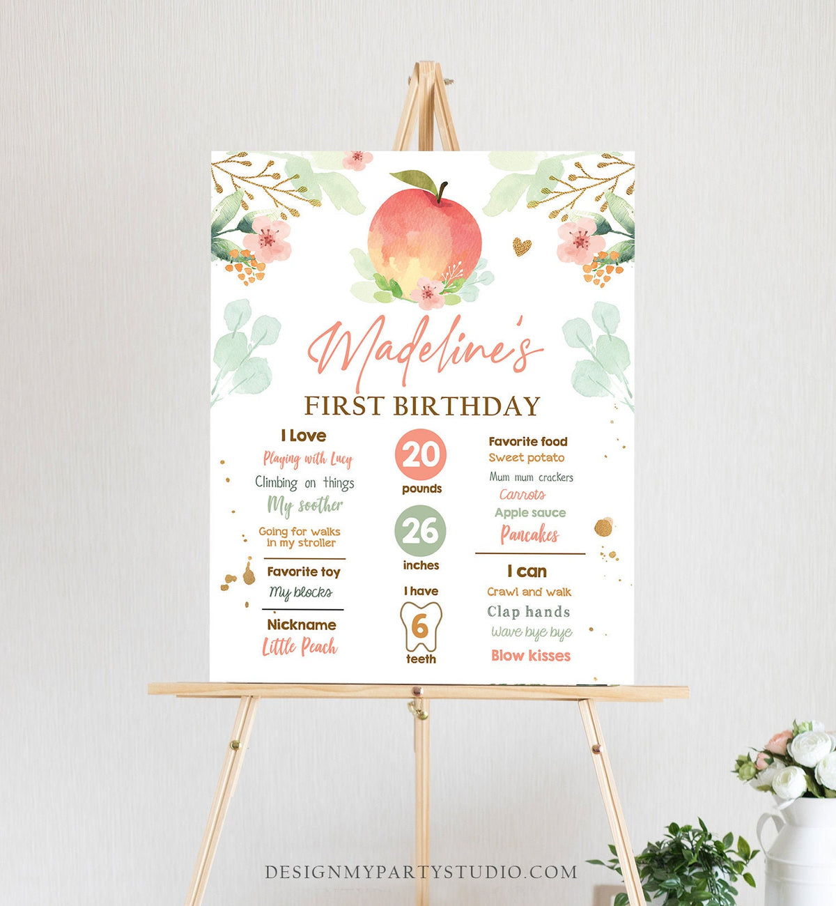 Editable Peach Birthday Milestones Sign Sweet as a Peach First Birthday Gold Floral Girl Poster Digital Download Template Printable 0401