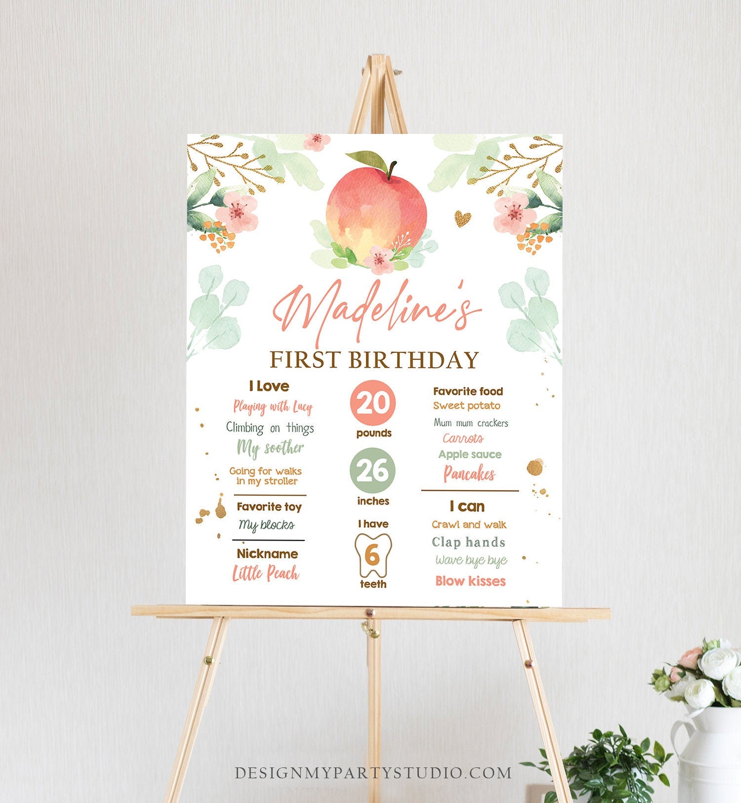 Editable Peach Birthday Milestones Sign Sweet as a Peach First Birthday Gold Floral Girl Poster Digital Download Template Printable 0401