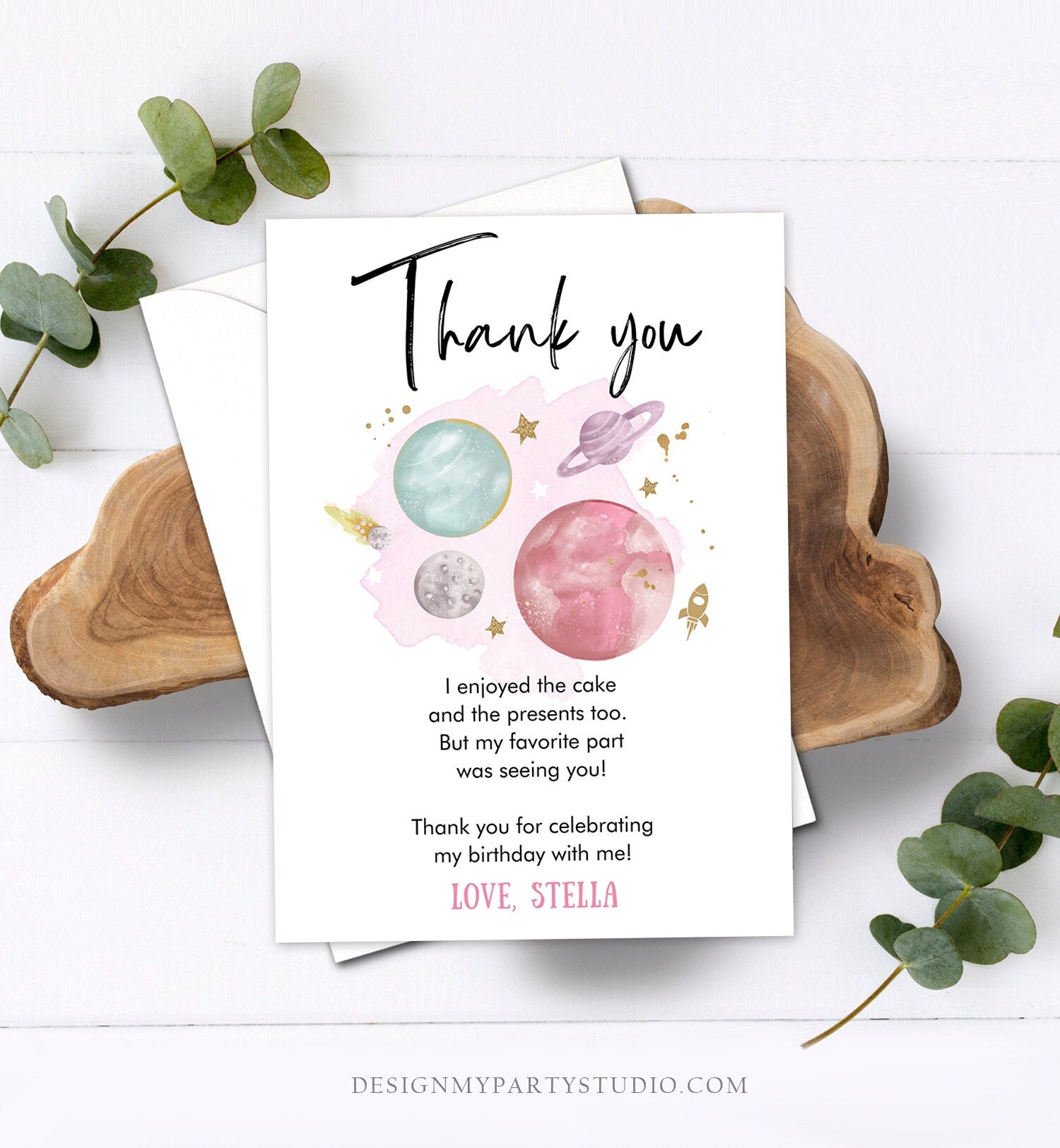 Editable Space Birthday Thank You Card Girl Space Astronaut To the Moon Galaxy Thank You Note Download Printable Template Digital Corjl 0357