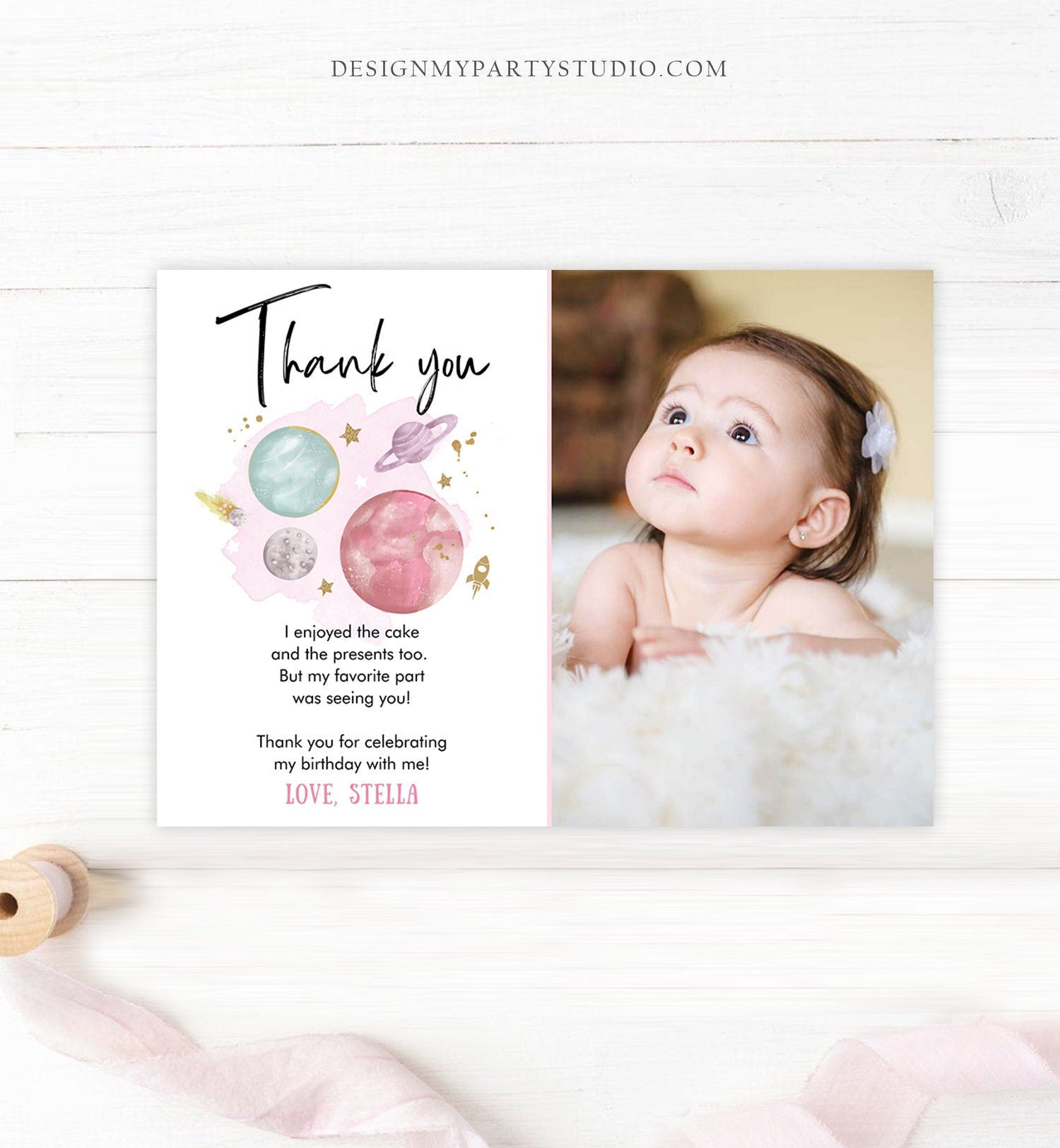 Editable Space Birthday Thank You Card Girl Space Astronaut To the Moon Galaxy Thank You Note Download Printable Template Digital 0357