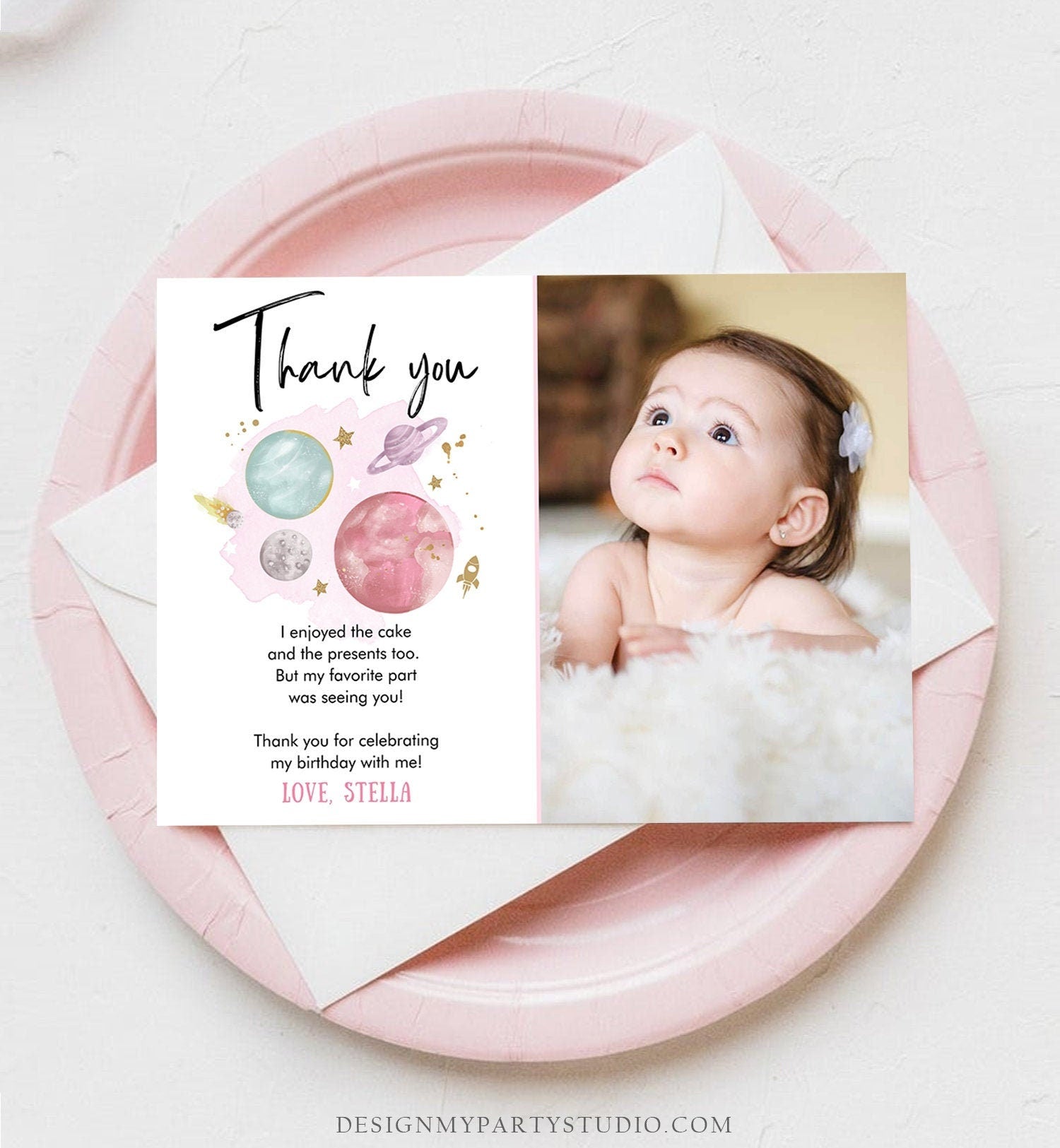 Editable Space Birthday Thank You Card Girl Space Astronaut To the Moon Galaxy Thank You Note Download Printable Template Digital 0357