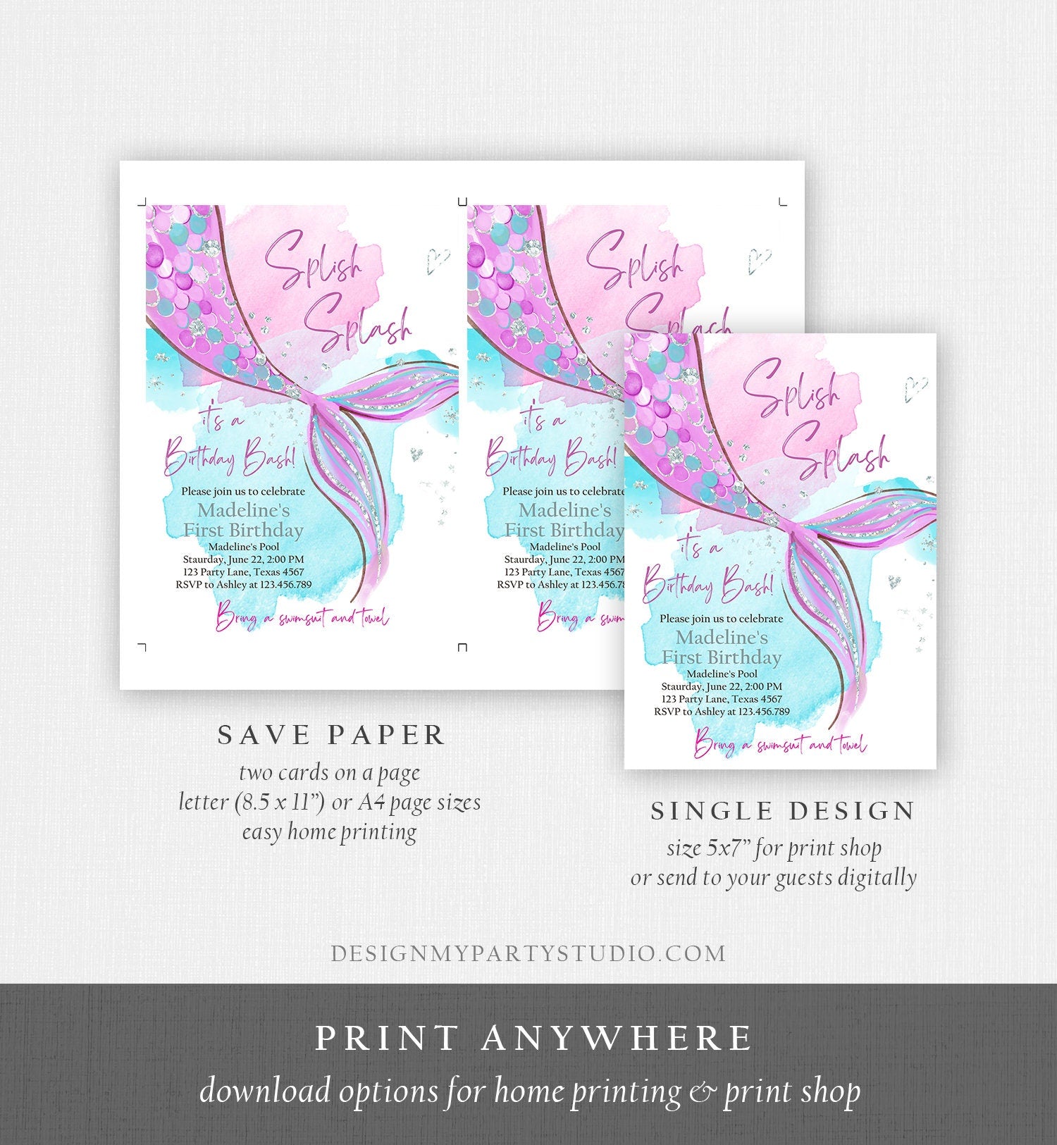 Editable Mermaid Birthday Party Invitation Girl Pink Purple Silver Mermaid Birthday Under The Sea Download Printable Template Corjl 0403