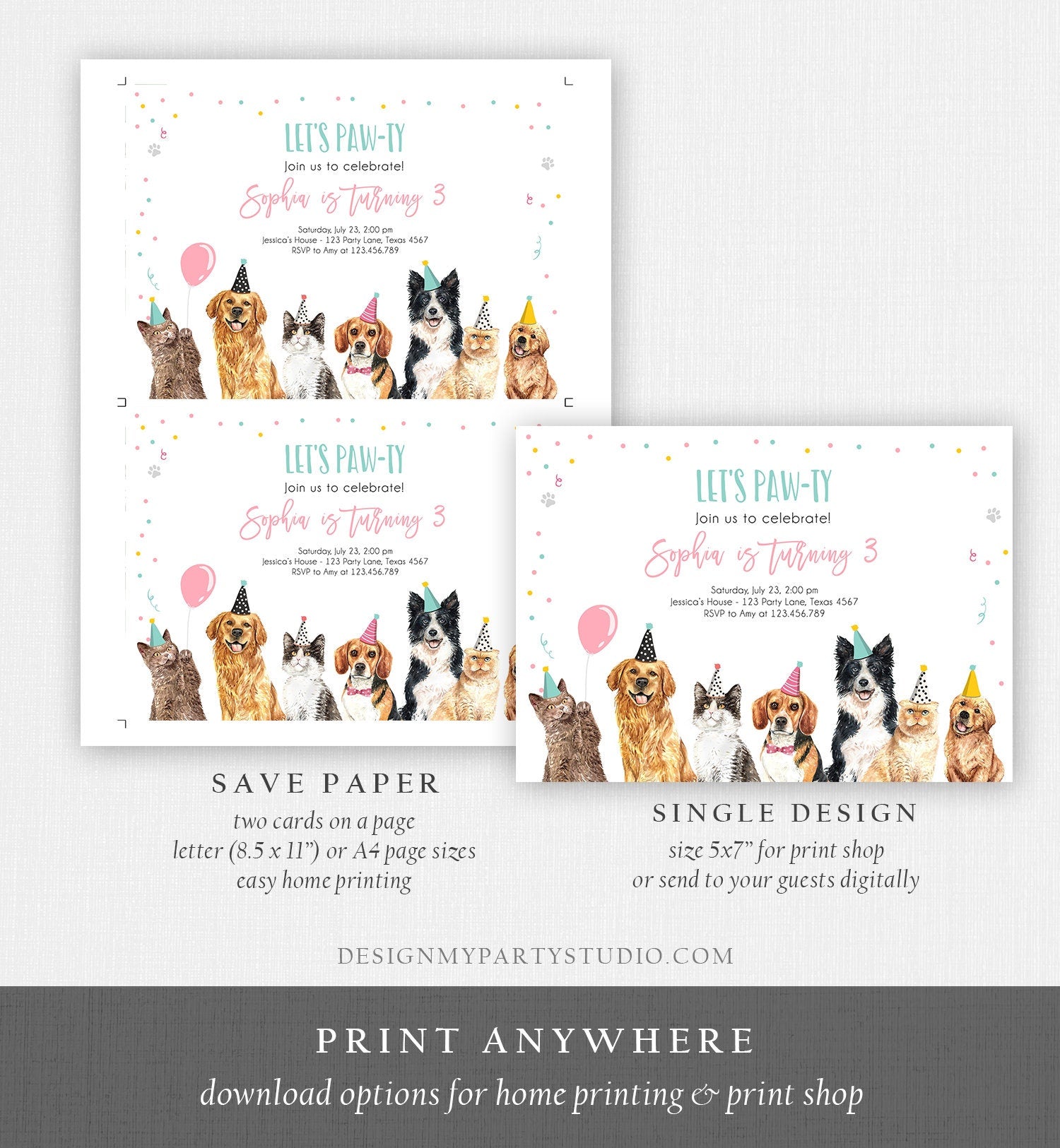 Editable Cats and Dogs Birthday Invitation Cat Dog Birthday Party Invite Girl Kitten Puppy Pawty Download Printable Template Corjl 0384