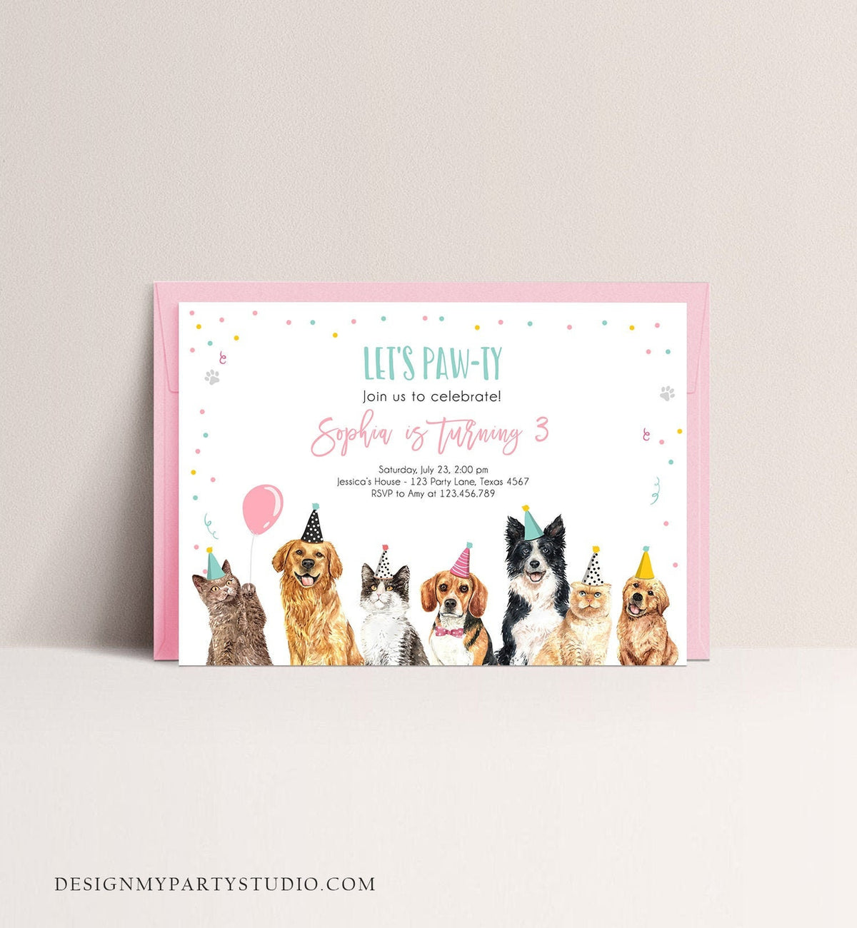 Editable Cats and Dogs Birthday Invitation Cat Dog Birthday Party Invite Girl Kitten Puppy Pawty Download Printable Template Corjl 0384