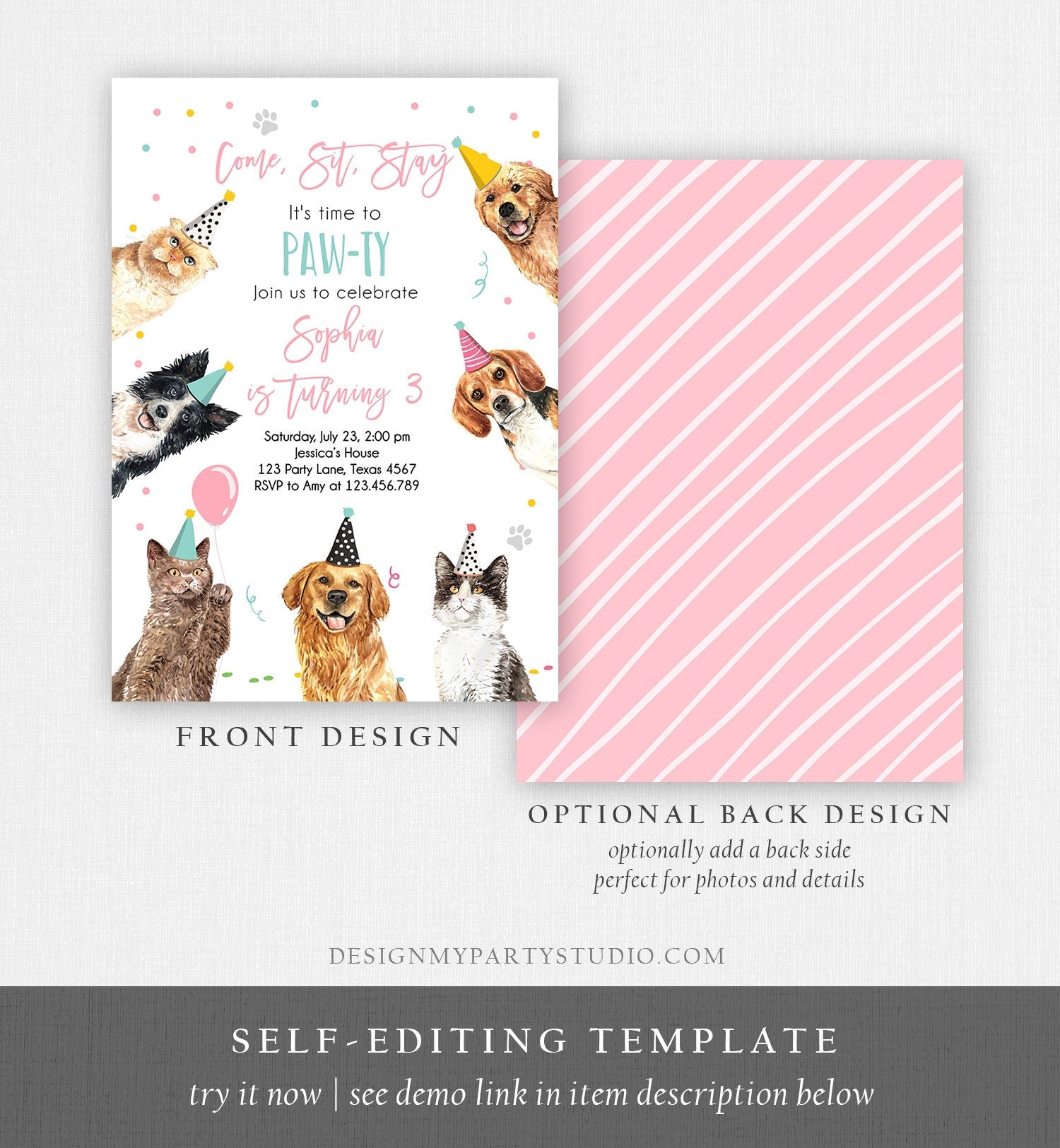 Editable Cats and Dogs Birthday Invitation Cat Dog Birthday Party Invite Girl Kitten Puppy Pawty Download Printable Template Corjl 0384