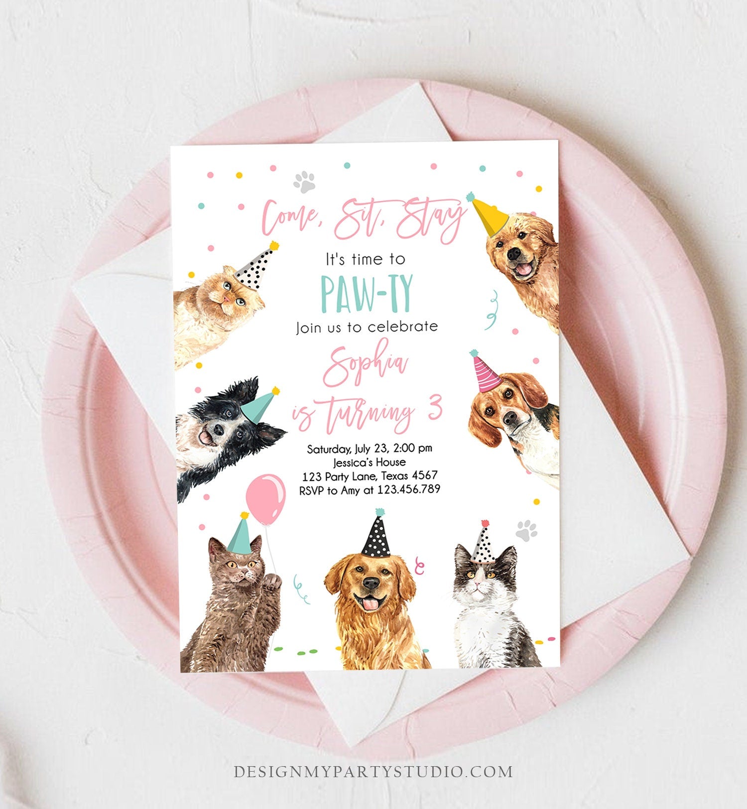 Editable Cats and Dogs Birthday Invitation Cat Dog Birthday Party Invite Girl Kitten Puppy Pawty Download Printable Template Corjl 0384