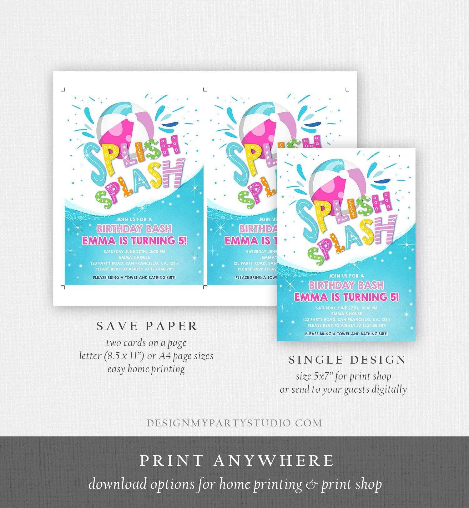 Editable Splish Splash Birthday Invitation Pool Party Boy Beach Ball Blue Green Birthday Bash Download Printable Invite Template Corjl 0169