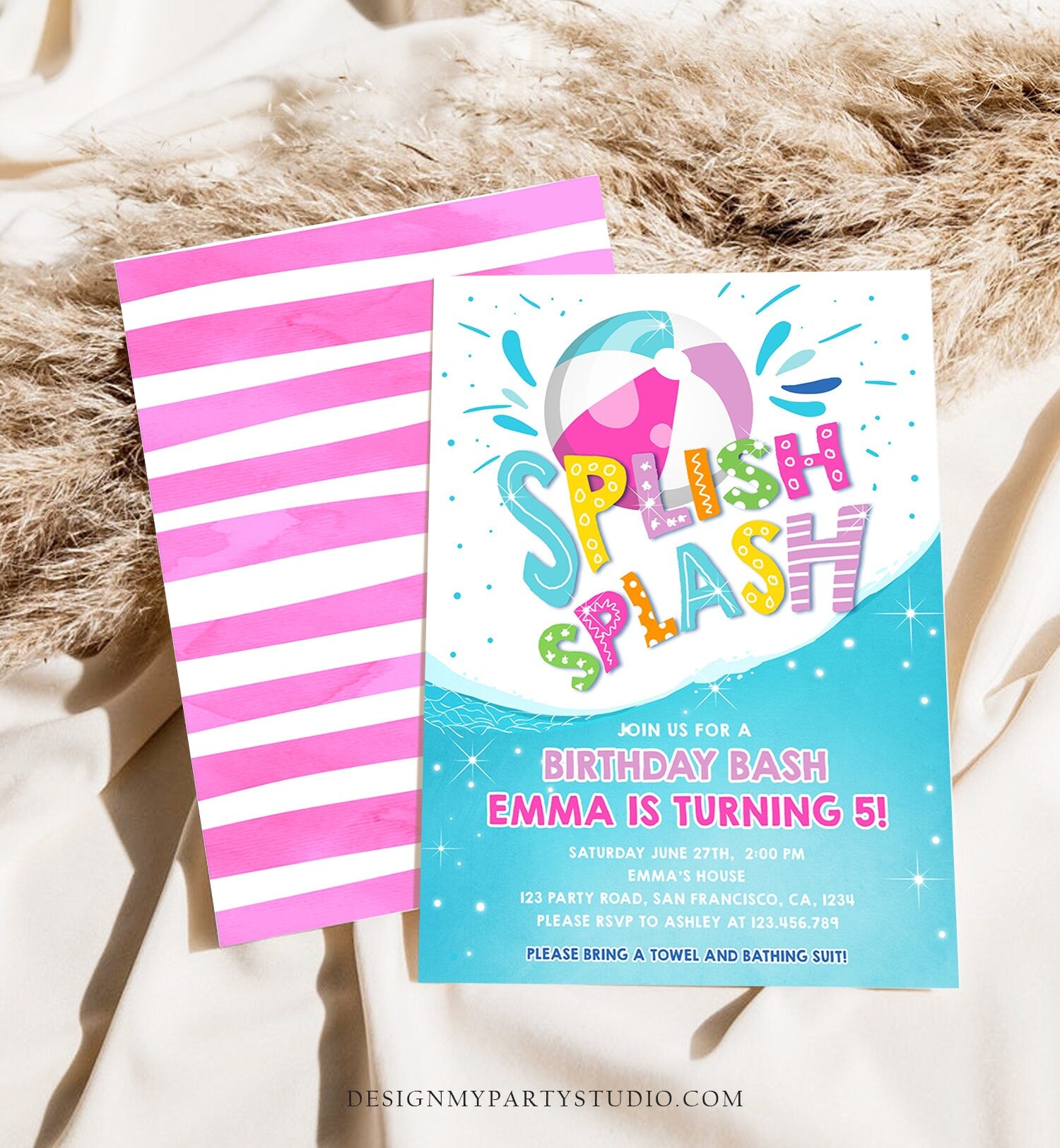 Editable Splish Splash Birthday Invitation Pool Party Boy Beach Ball Blue Green Birthday Bash Download Printable Invite Template Corjl 0169