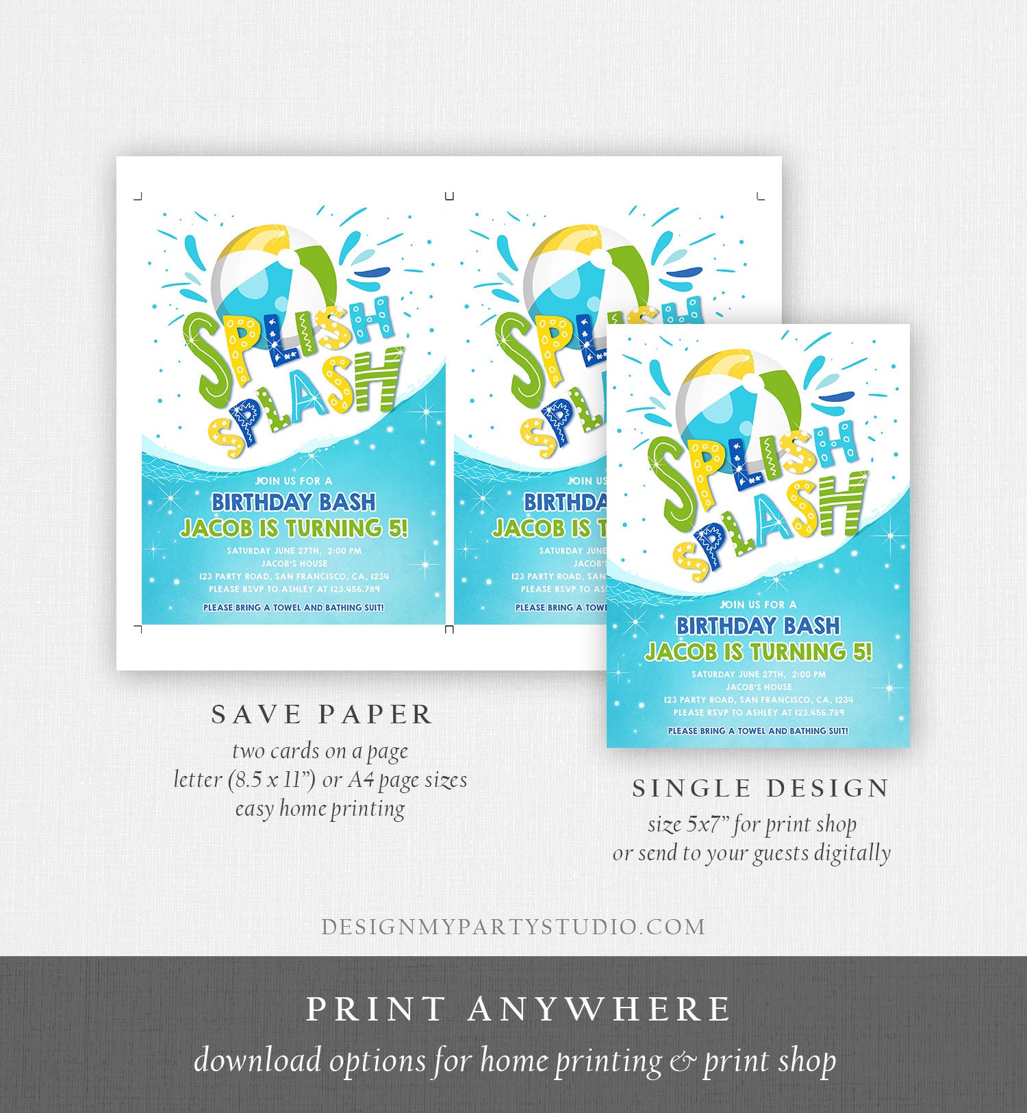 Editable Splish Splash Birthday Invitation Pool Party Boy Beach Ball Blue Green Birthday Bash Download Printable Invite Template Corjl 0169