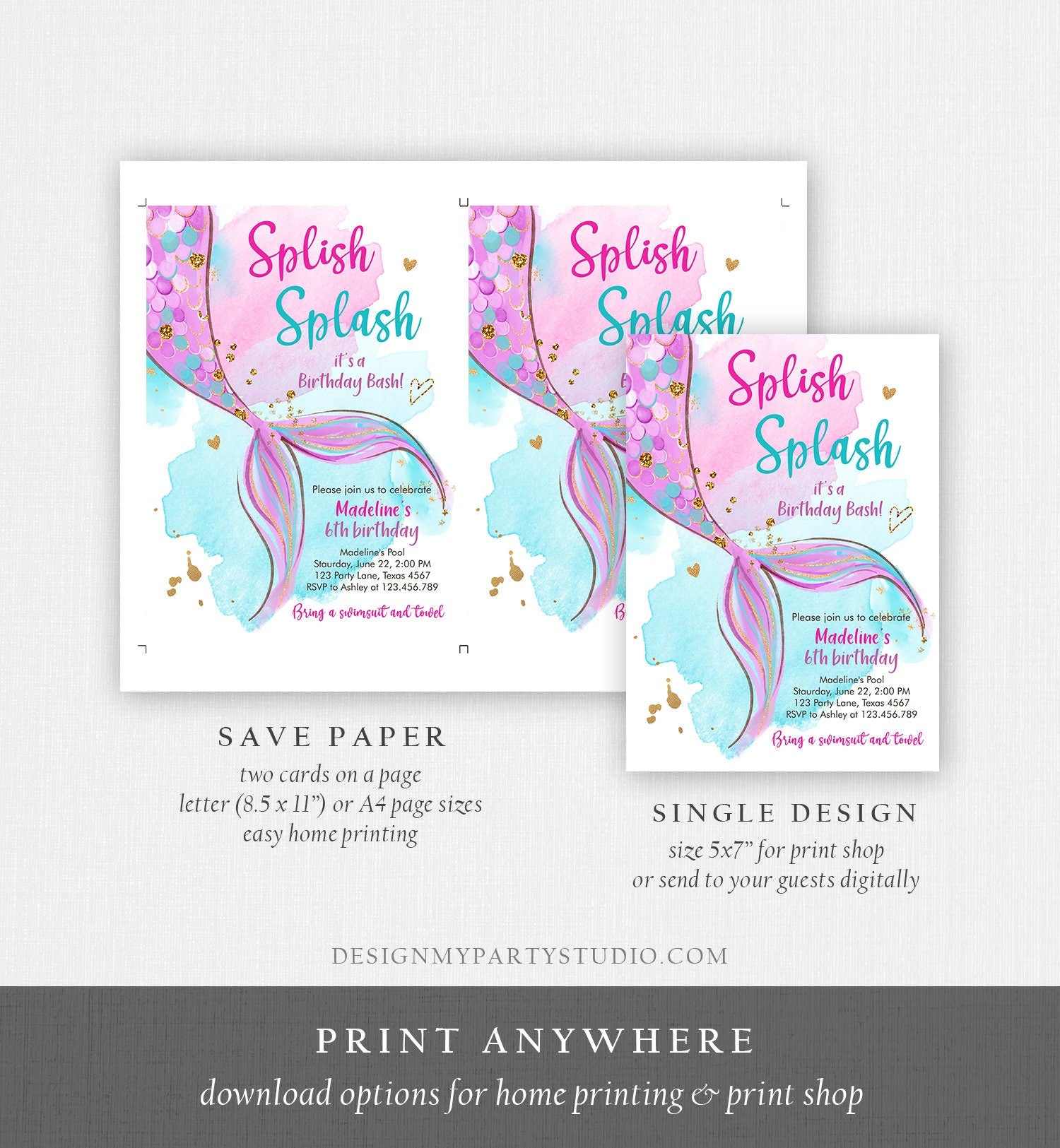 Editable Mermaid Birthday Party Invitation Girl Pool Party Pink Purple Mermaid Birthday Under The Sea Download Evite Template Printable 0403