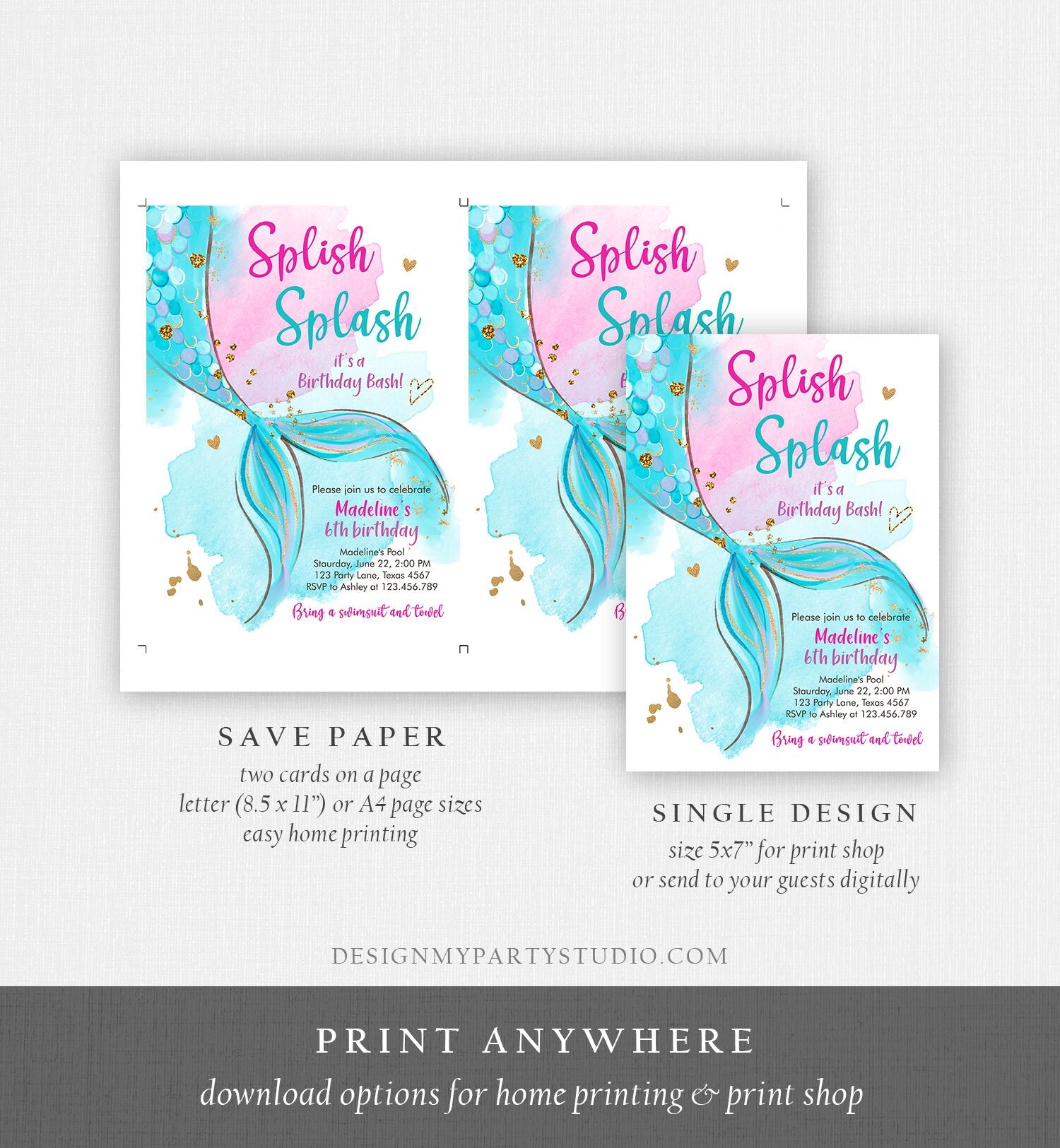 Editable Mermaid Birthday Party Invitation Girl Pool Party Pink Purple Mermaid Birthday Under The Sea Download Printable Template Corjl 0403