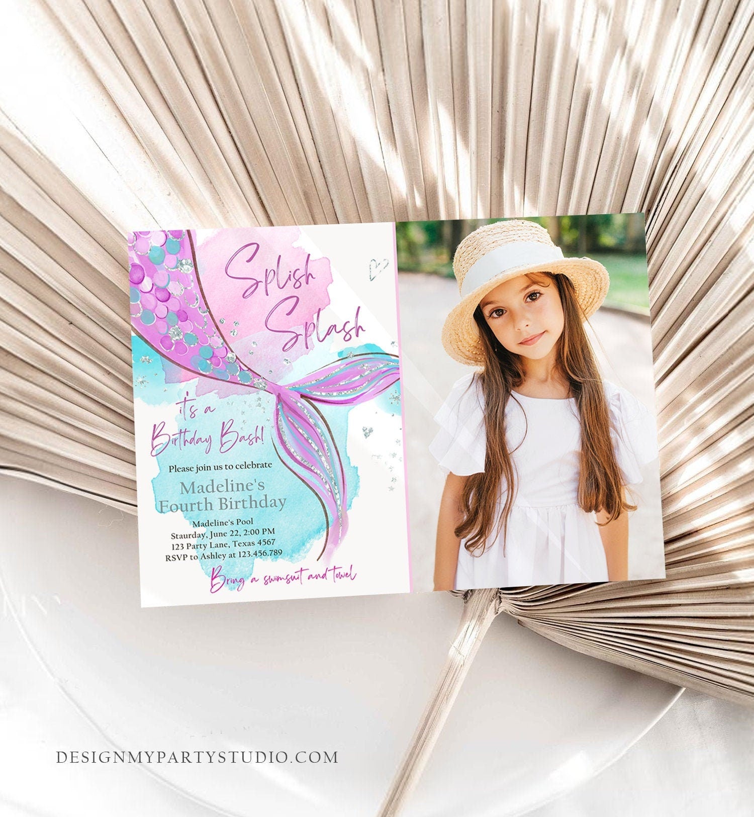 Editable Mermaid Birthday Party Invitation Girl Pink Purple Silver Mermaid Birthday Under The Sea Download Printable Template Corjl 0403