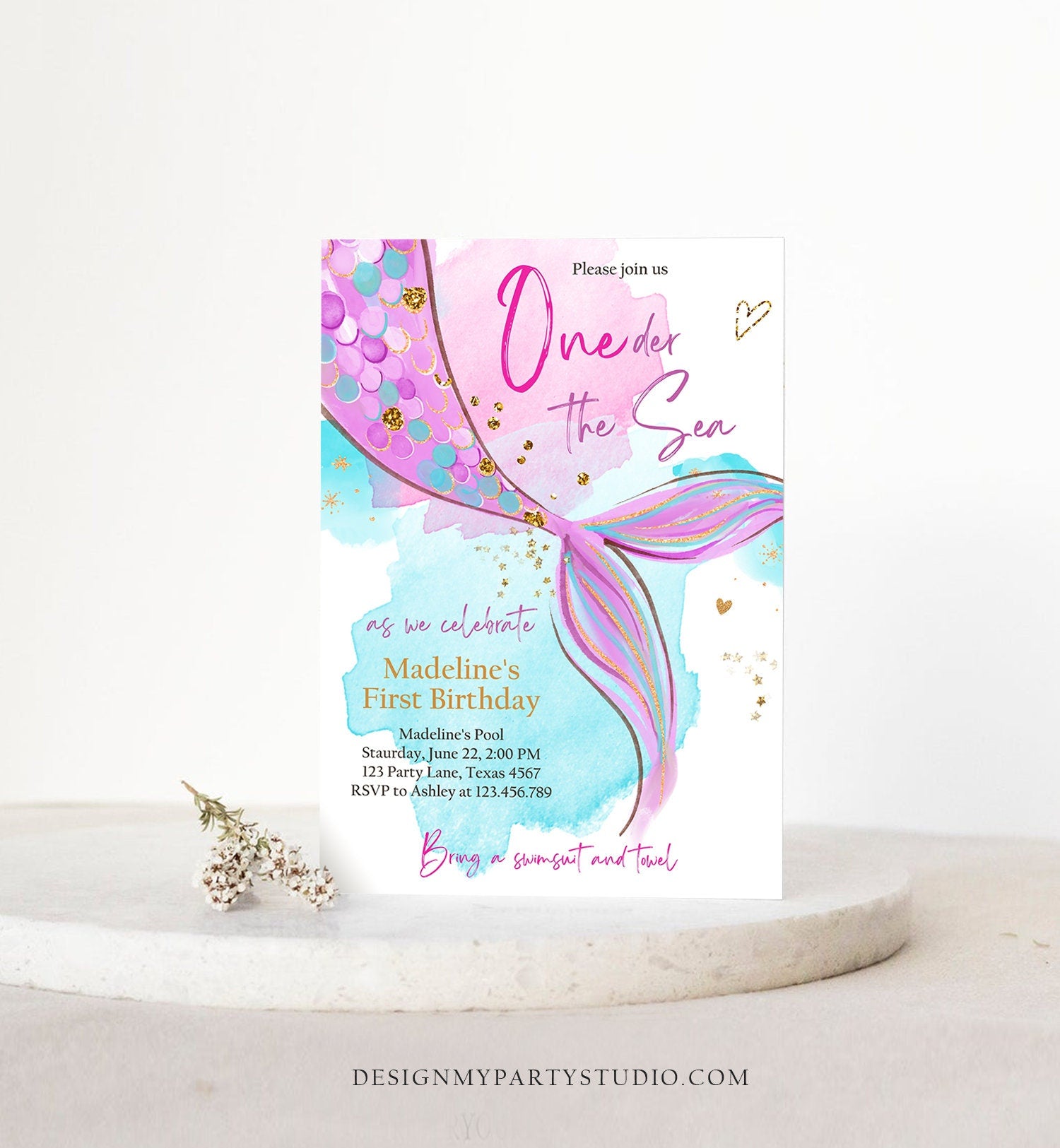 Editable ONEder the Sea Birthday Party Invitation Mermaid First Birthday Girl 1st Birthday Pink Gold Download Printable Template Corjl 0403