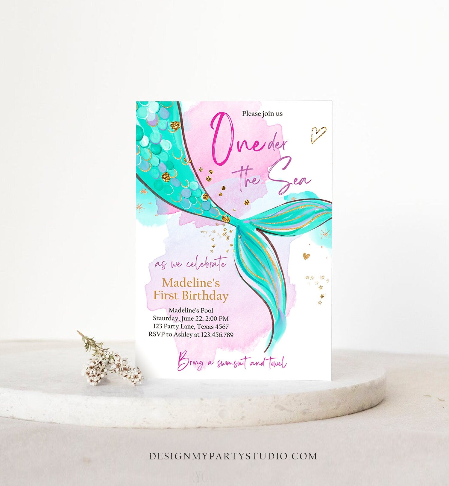 Editable ONEder the Sea Birthday Party Invitation Mermaid First Birthday Girl 1st Birthday Pink Gold Download Printable Template Corjl 0403