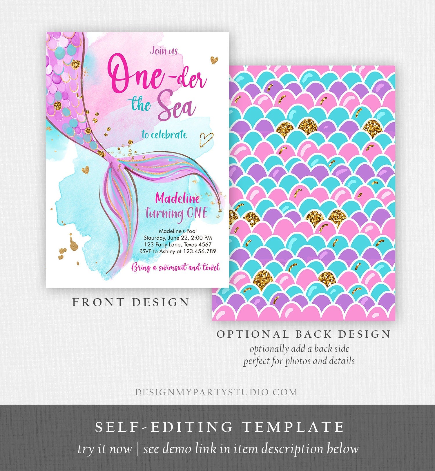 Editable ONEder the Sea Birthday Party Invitation Mermaid First Birthday Girl 1st Birthday Pink Gold Download Printable Template Corjl 0403