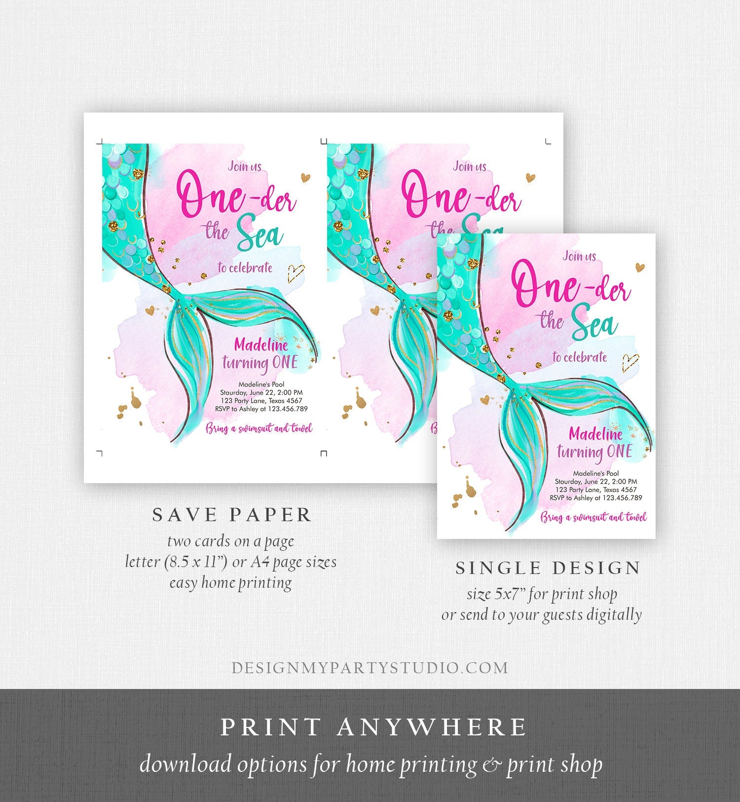 Editable ONEder the Sea Birthday Party Invitation Mermaid First Birthday Girl 1st Birthday Pink Gold Download Printable Template Corjl 0403