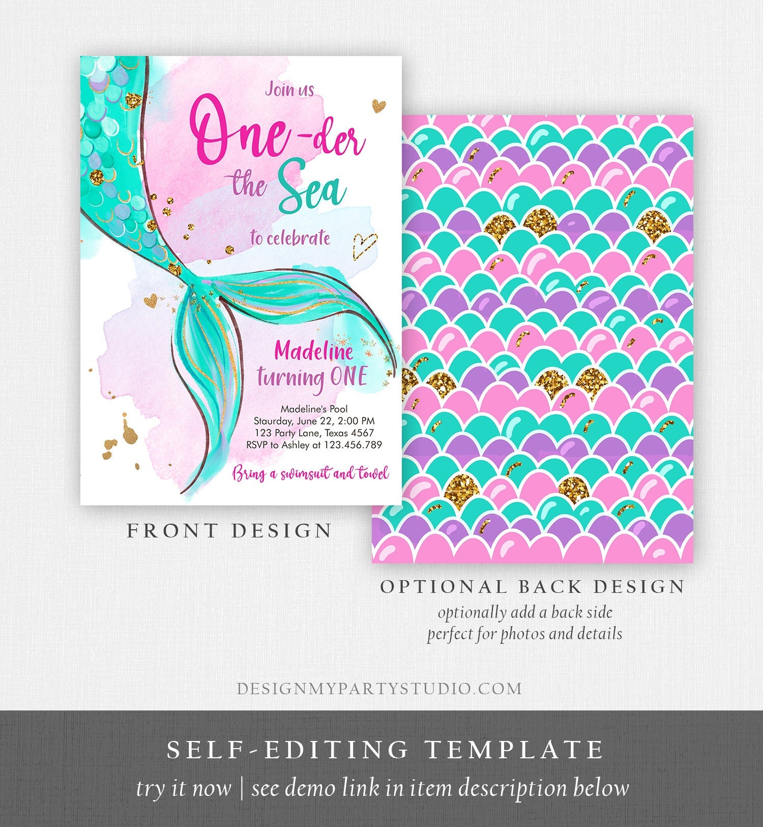 Editable ONEder the Sea Birthday Party Invitation Mermaid First Birthday Girl 1st Birthday Pink Gold Download Printable Template Corjl 0403