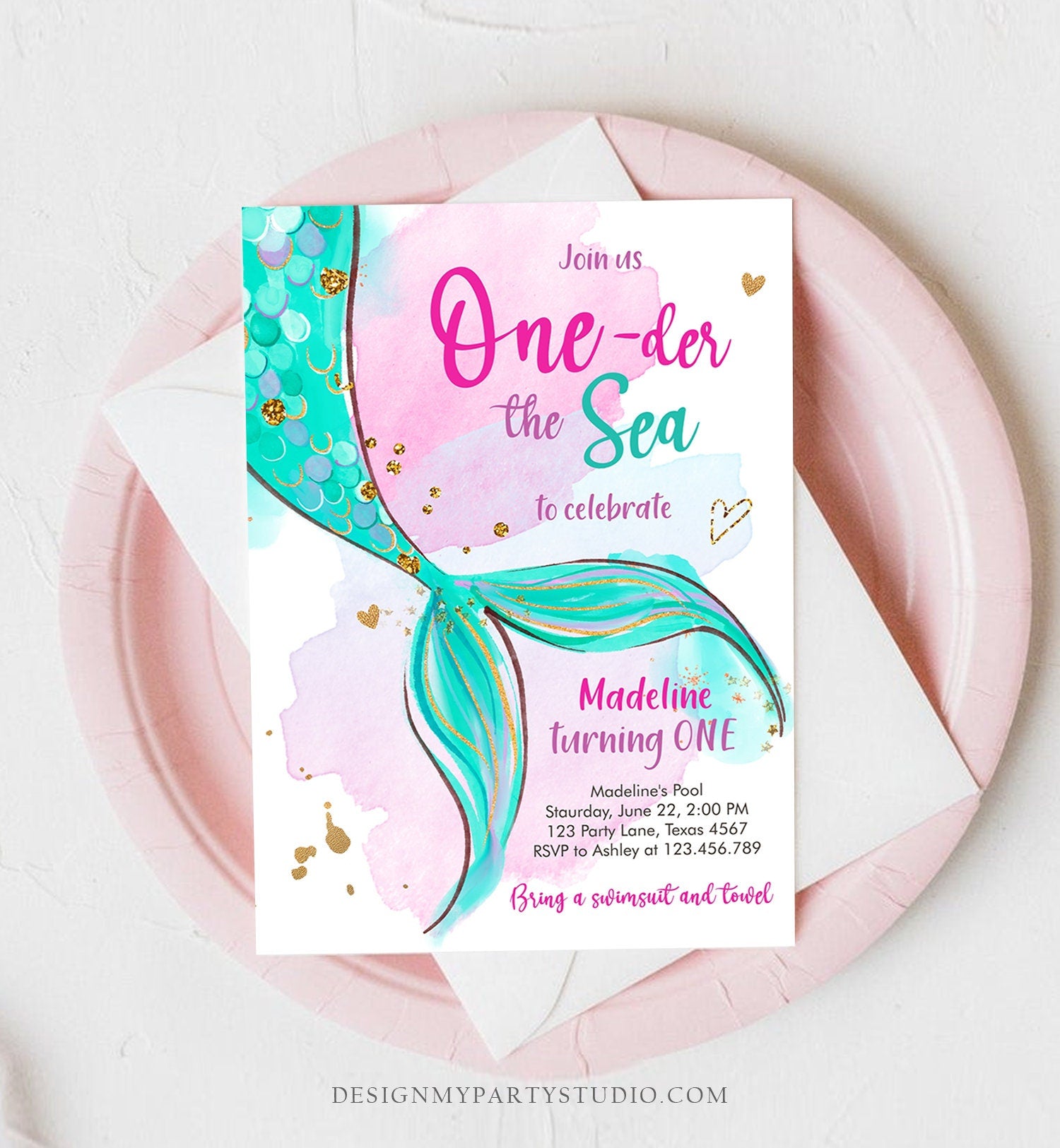 Editable ONEder the Sea Birthday Party Invitation Mermaid First Birthday Girl 1st Birthday Pink Gold Download Printable Template Corjl 0403