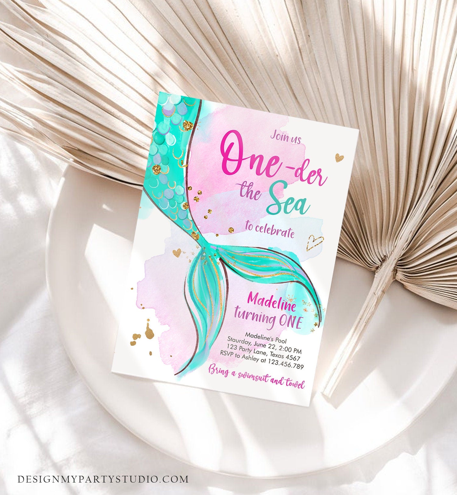 Editable ONEder the Sea Birthday Party Invitation Mermaid First Birthday Girl 1st Birthday Pink Gold Download Printable Template Corjl 0403