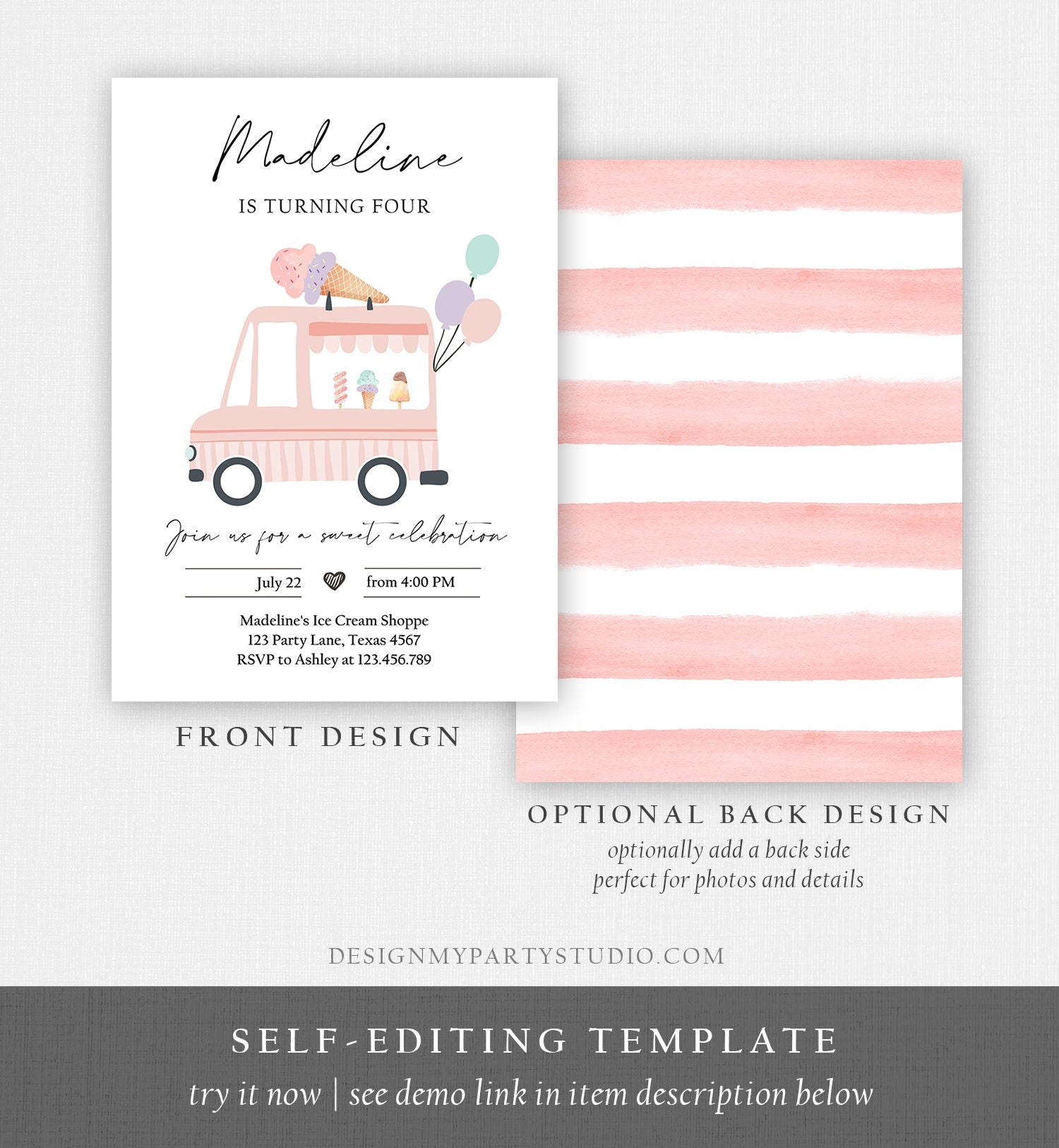 Editable Ice Cream Truck Birthday Invitation Ice Cream Truck Invite Modern Ice Cream Shoppe Van The Scoop Printable Template Corjl 0415