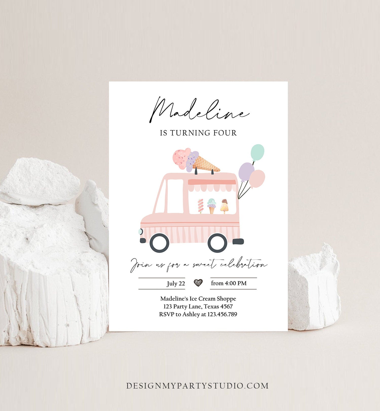 Editable Ice Cream Truck Birthday Invitation Ice Cream Truck Invite Modern Ice Cream Shoppe Van The Scoop Printable Template Corjl 0415