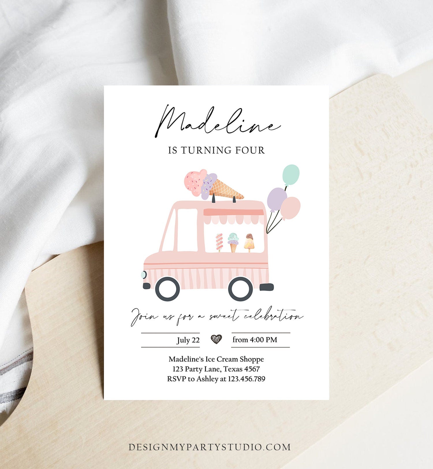 Editable Ice Cream Truck Birthday Invitation Ice Cream Truck Invite Modern Ice Cream Shoppe Van The Scoop Printable Template Corjl 0415