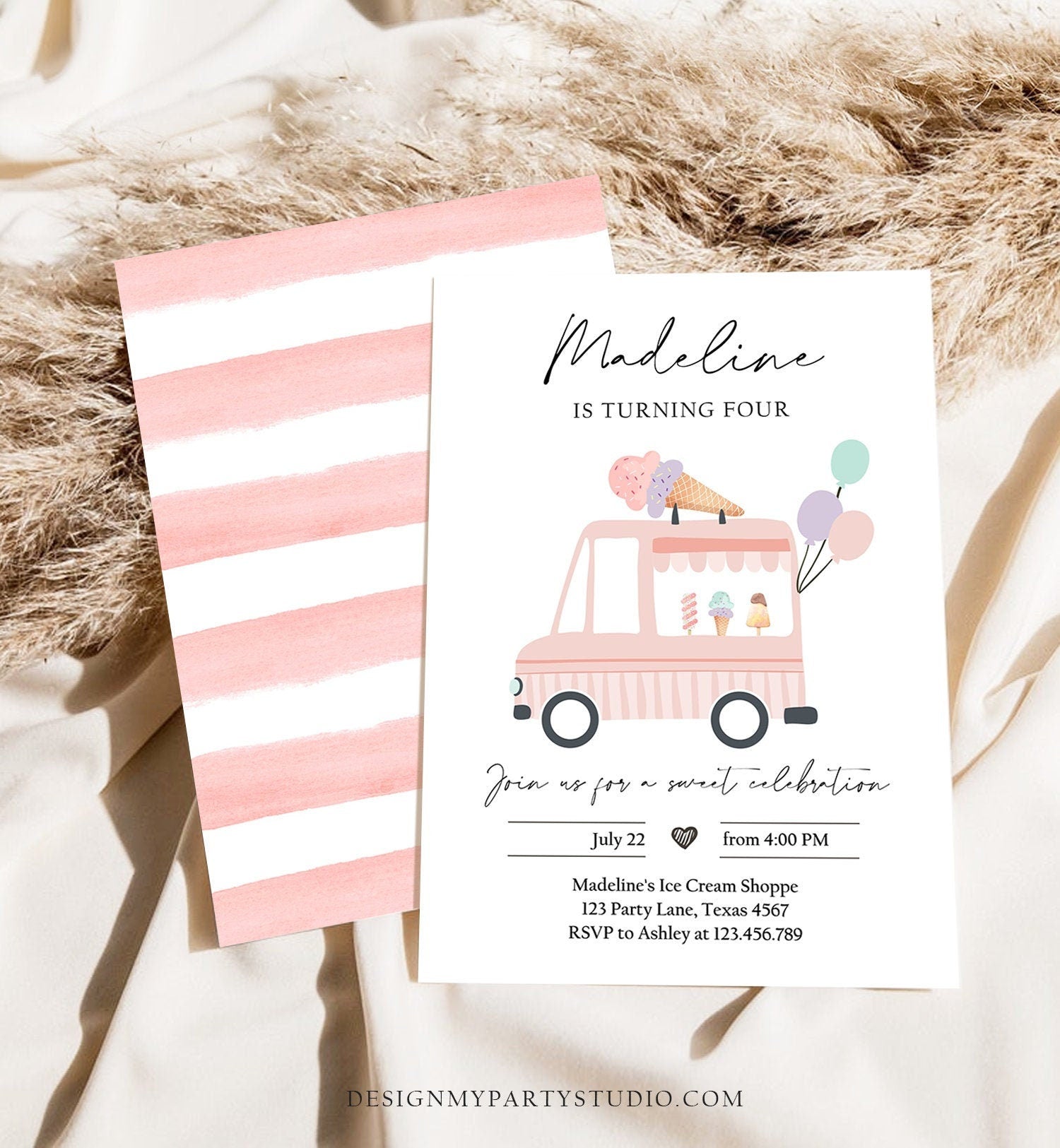 Editable Ice Cream Truck Birthday Invitation Ice Cream Truck Invite Modern Ice Cream Shoppe Van The Scoop Printable Template Corjl 0415