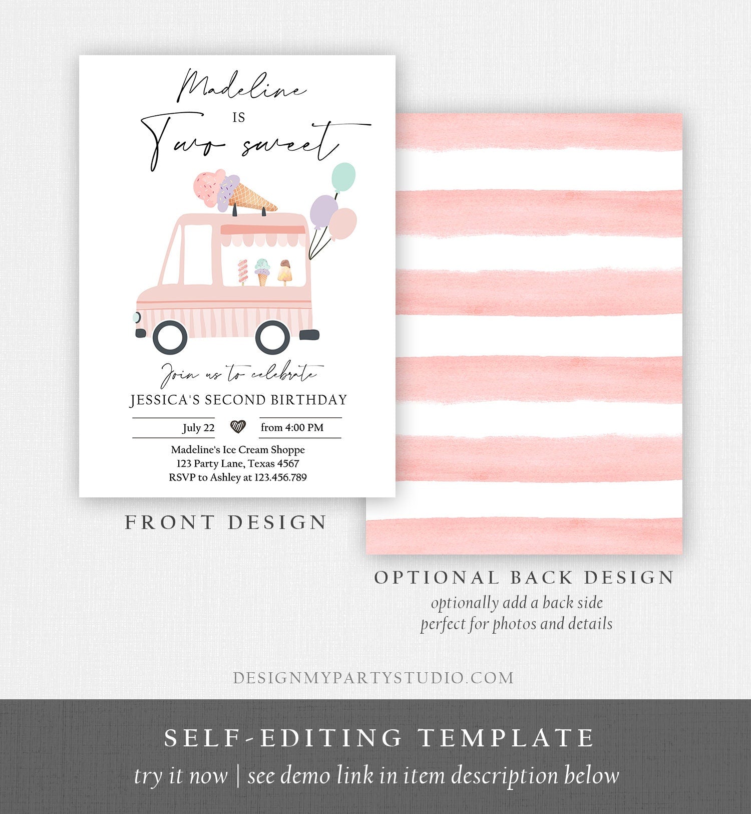 Editable Ice Cream Truck Birthday Invitation Ice Cream Two Sweet Modern 2nd Birthday Party Two Second Download Printable Template Corjl 0415