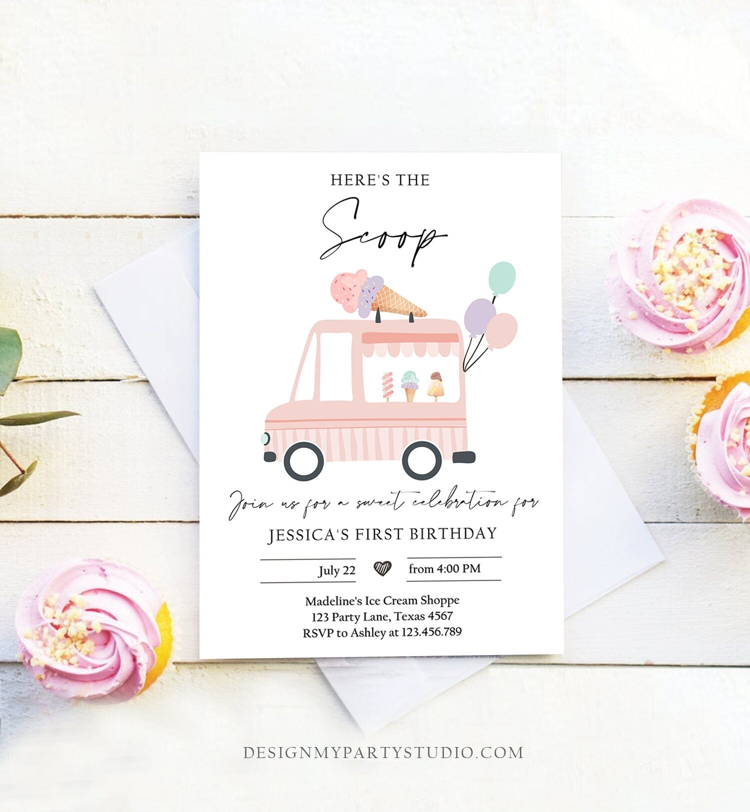 Editable Ice Cream Truck Birthday Invitation Ice Cream Truck Invite Modern Ice Cream Shoppe Van The Scoop Printable Template Corjl 0415