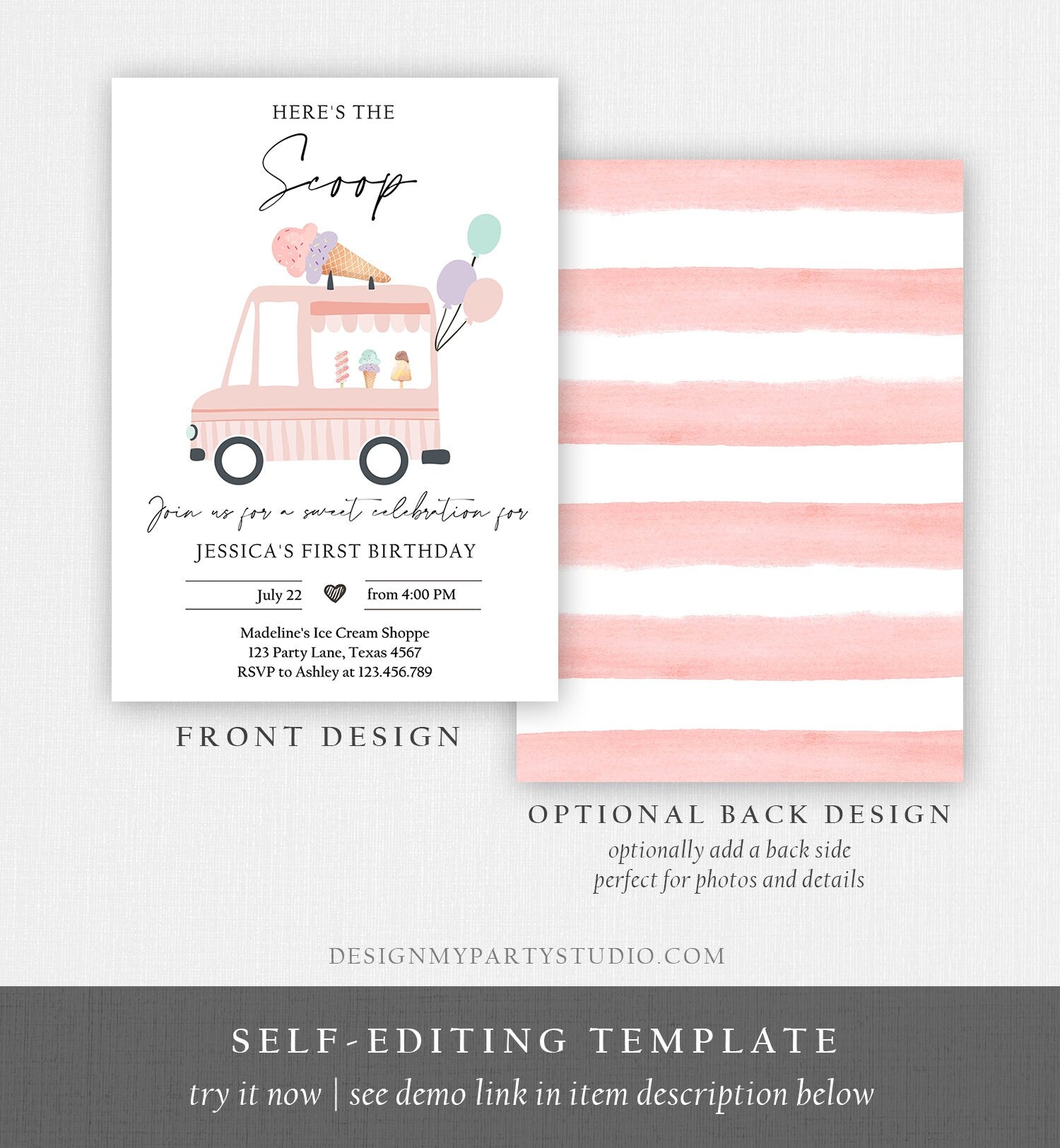 Editable Ice Cream Truck Birthday Invitation Ice Cream Truck Invite Modern Ice Cream Shoppe Van The Scoop Printable Template Corjl 0415