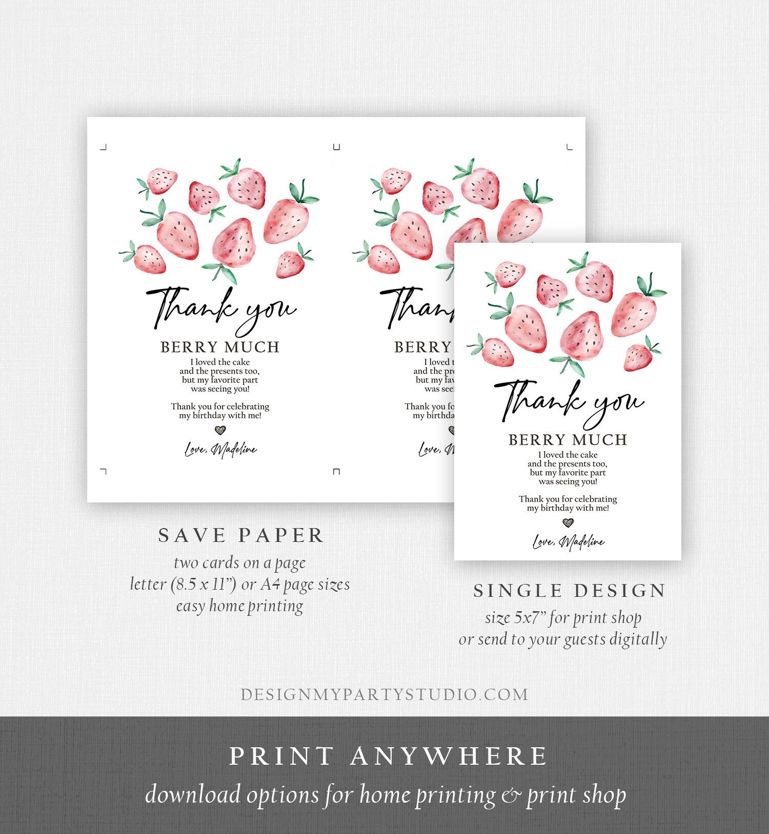 Editable Strawberry Thank You Card Strawberry Birthday First Berry Much Farmers Market Strawberries Download Printable Template Corjl 0399