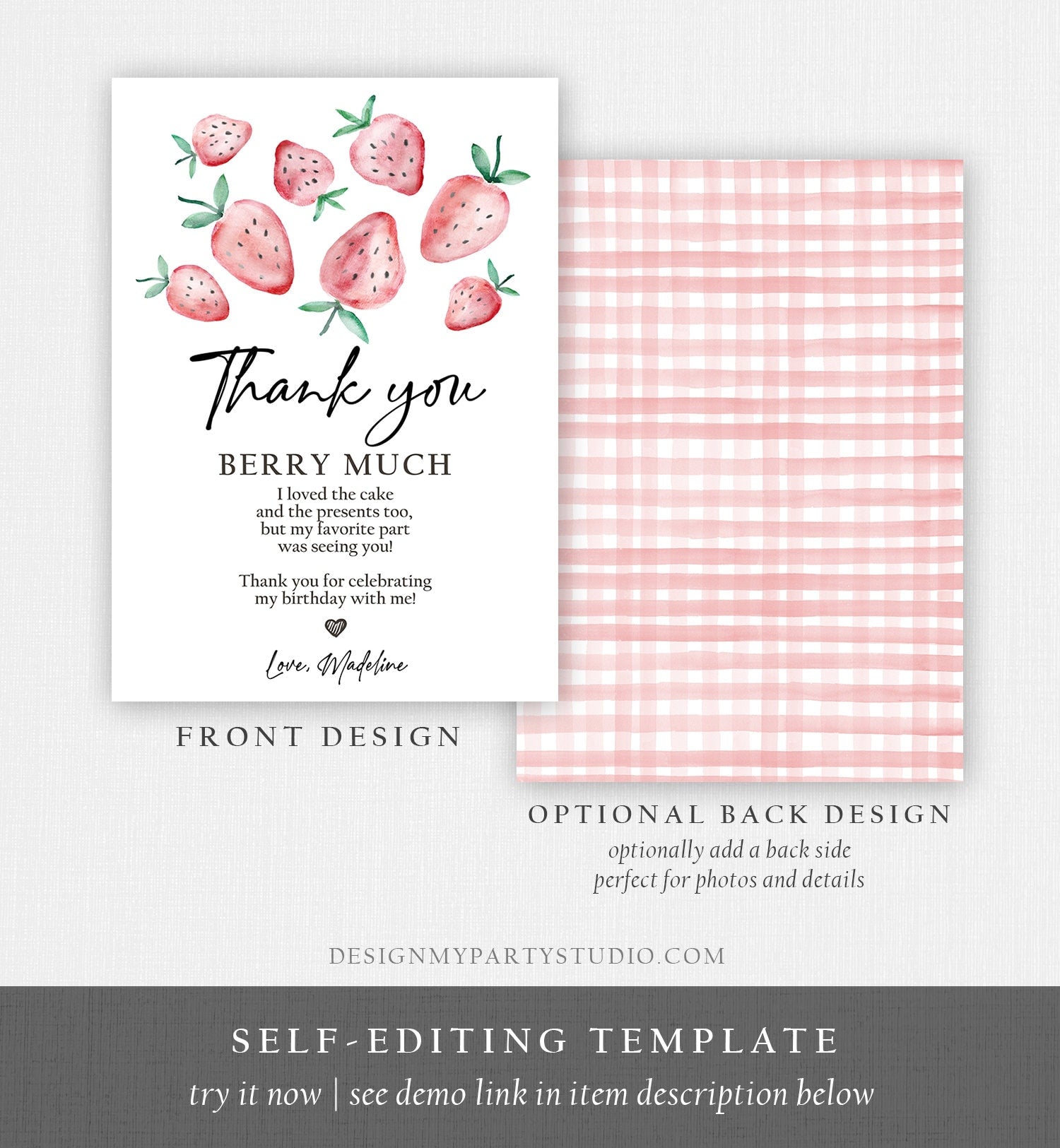 Editable Strawberry Thank You Card Strawberry Birthday First Berry Much Farmers Market Strawberries Download Printable Template Corjl 0399