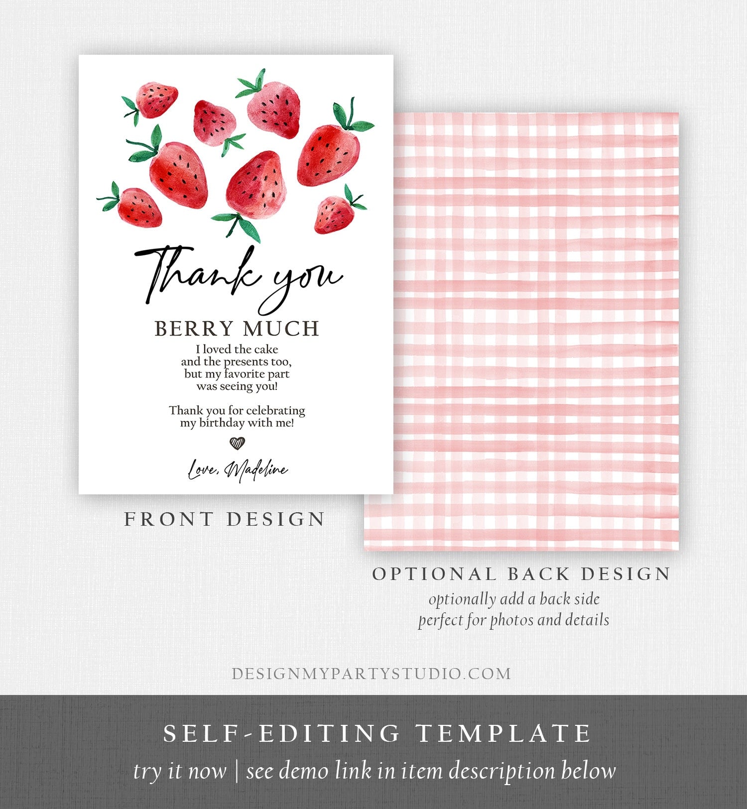 Editable Strawberry Thank You Card Strawberry Birthday First Berry Much Farmers Market Strawberries Download Printable Template Corjl 0399