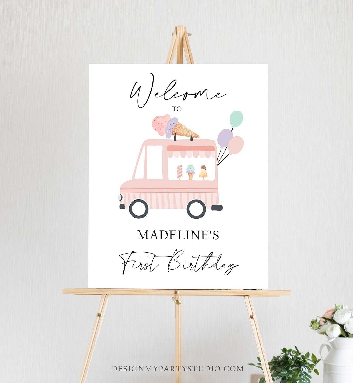 Editable Ice Cream Truck Party Welcome Sign Ice Cream Birthday Welcome Scoop Modern Girl Summer Pink Purple Template PRINTABLE Corjl 0415