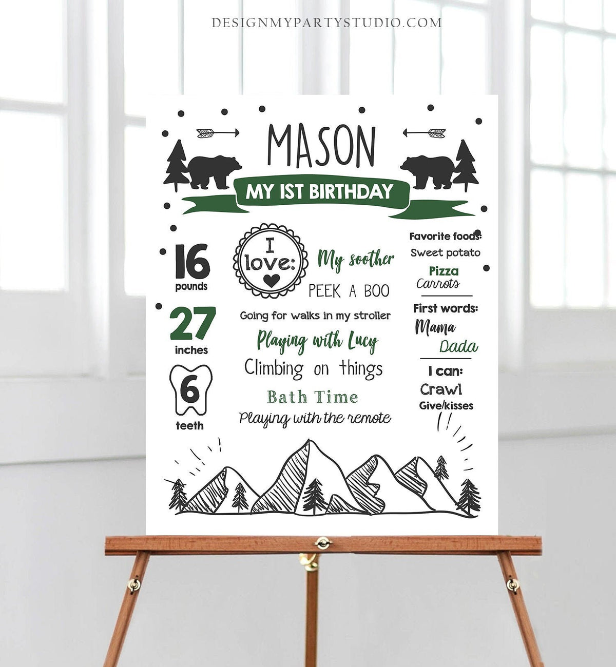 Editable Wild Adventure Birthday Milestones Sign Wild One First Birthday 1st Boy Onederful Hunter Green Bear Corjl Template Printable 0083