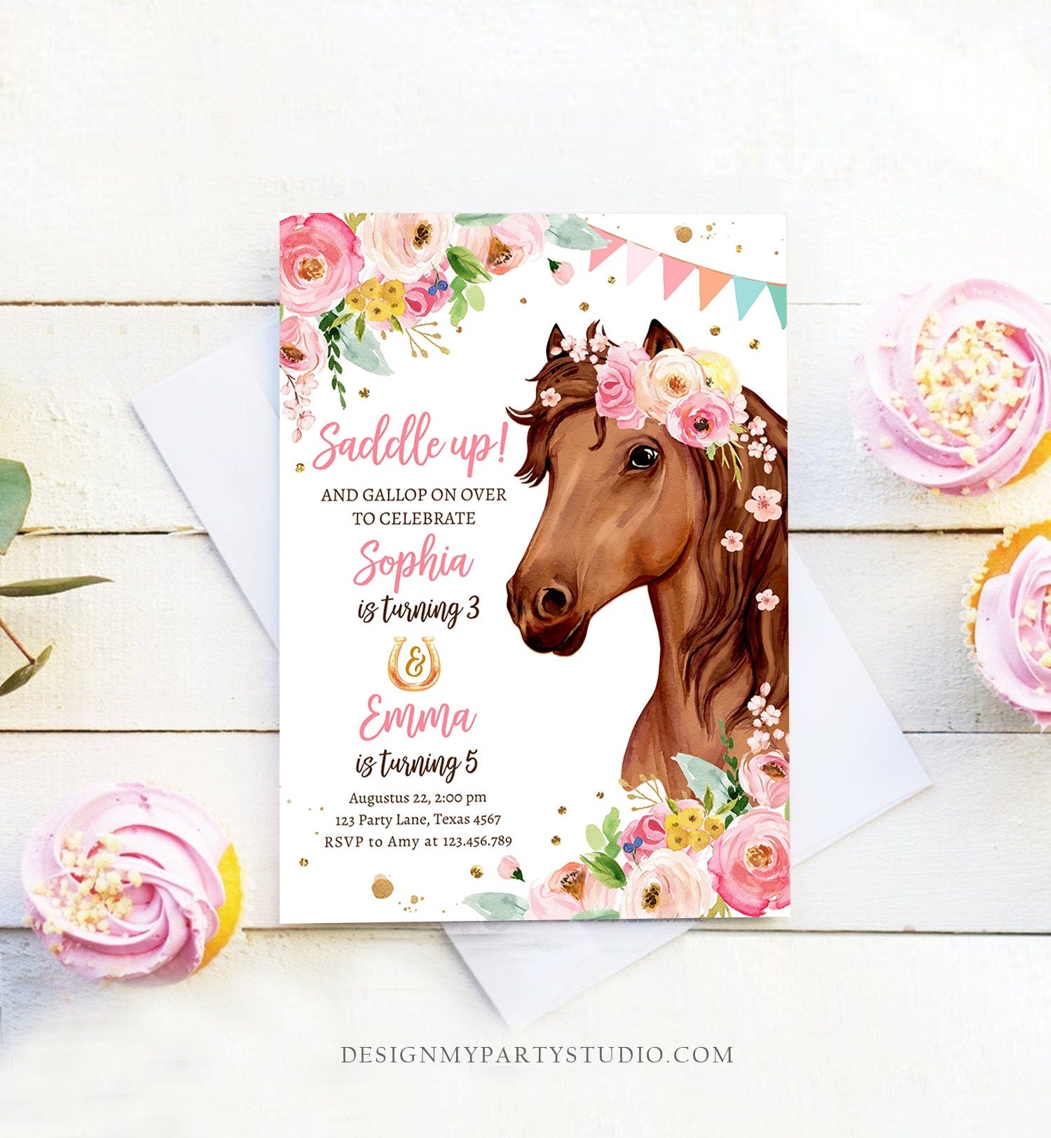 Editable Horse Birthday Invitation Girl Saddle Up Watercolor Cowgirl Party Horse Joint Siblings Pink Floral Printable Template Corjl 0408