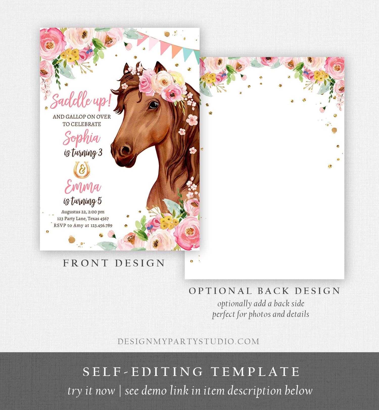 Editable Horse Birthday Invitation Girl Saddle Up Watercolor Cowgirl Party Horse Joint Siblings Pink Floral Printable Template Corjl 0408