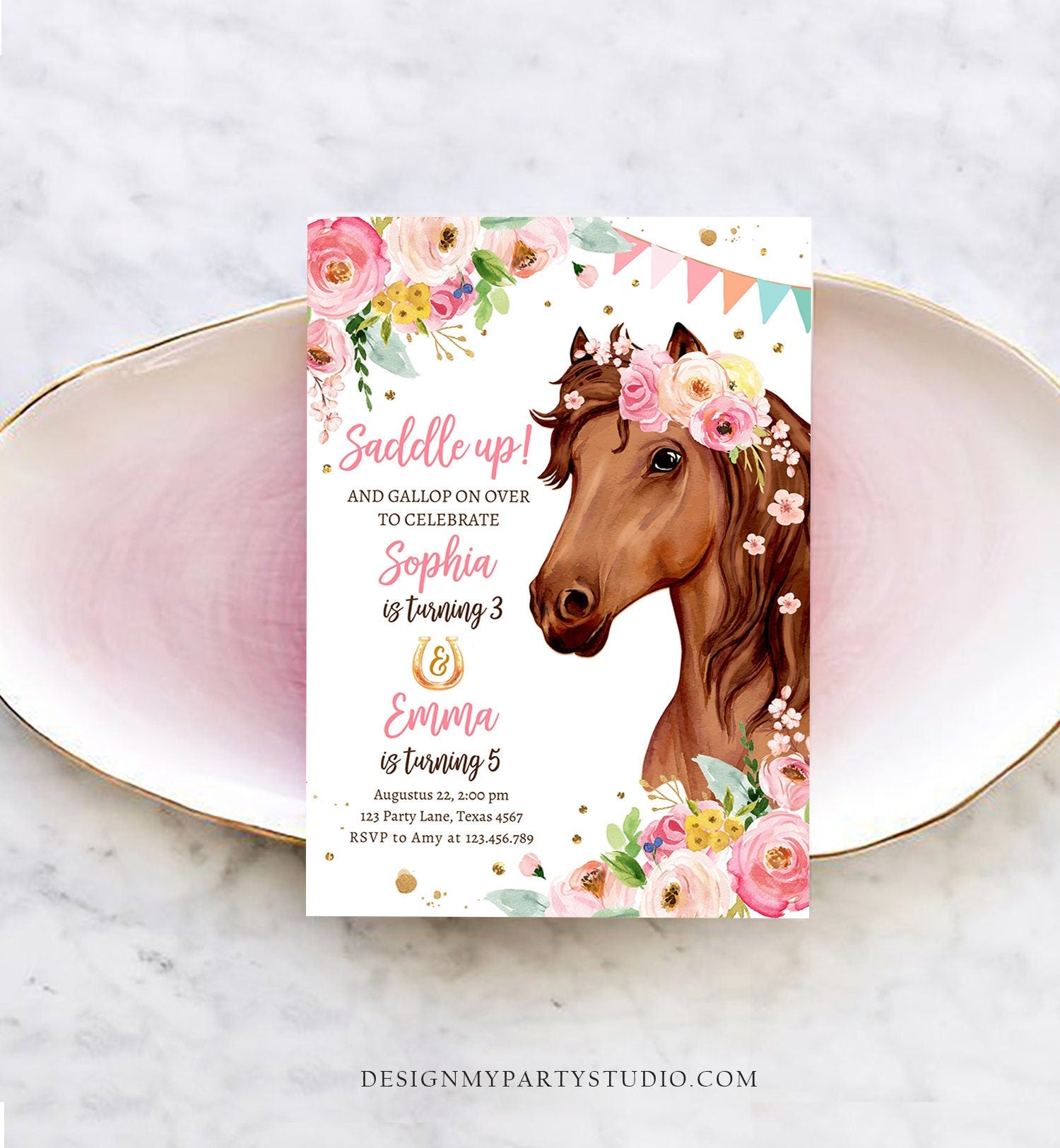 Editable Horse Birthday Invitation Girl Saddle Up Watercolor Cowgirl Party Horse Joint Siblings Pink Floral Printable Template Corjl 0408