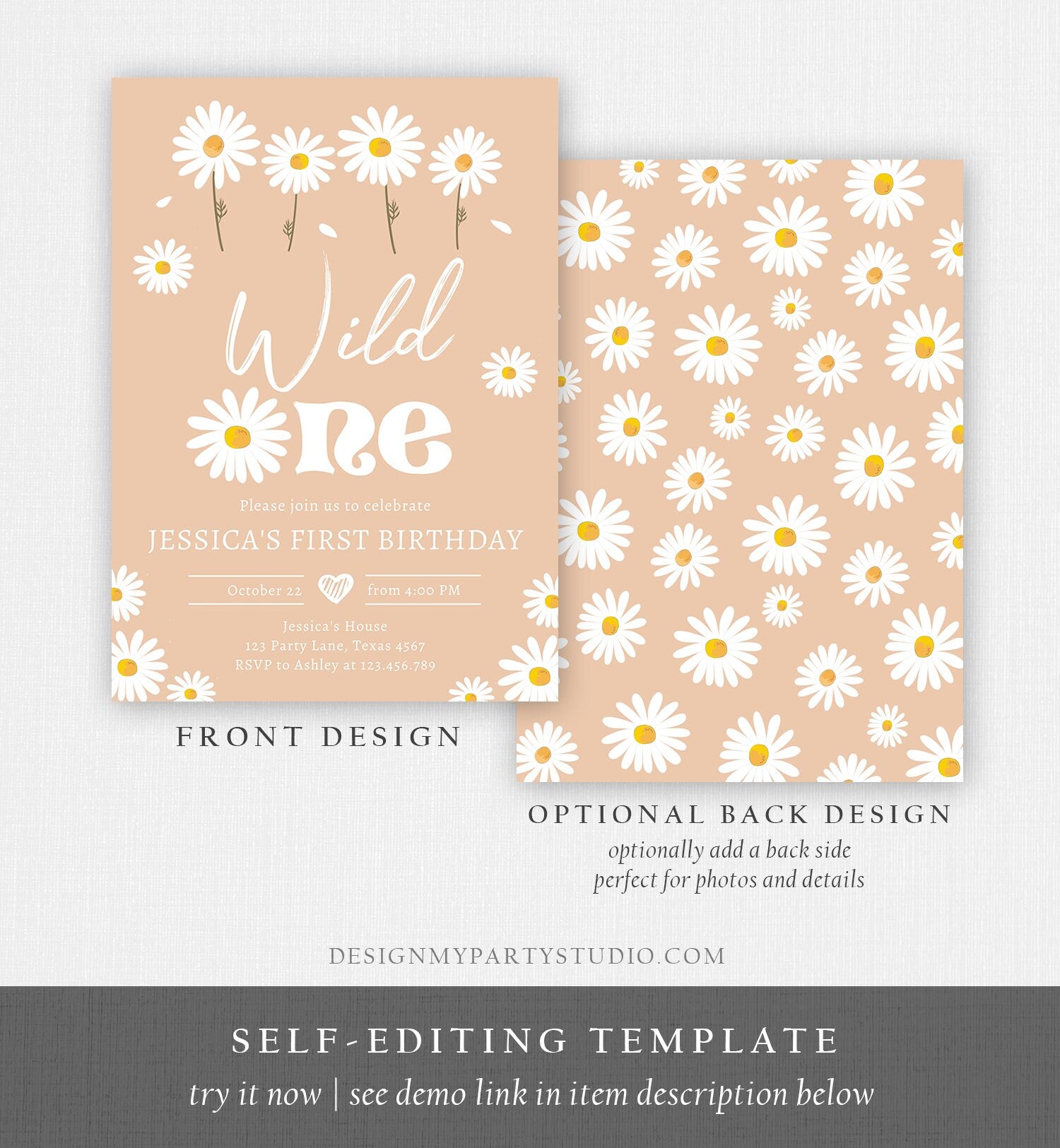 Editable Daisy Birthday Party Invitation Wild One Floral Girl Boho Sand First Birthday 1st Digital Download Template Corjl Printable 0410